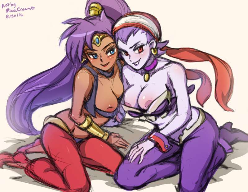 2girls, breasts, breasts out, cleavage, female, female only, large breasts, looking at viewer, minacream, multiple females, multiple girls, nipples, purple hair, risky boots, shantae, shantae (character), yuri