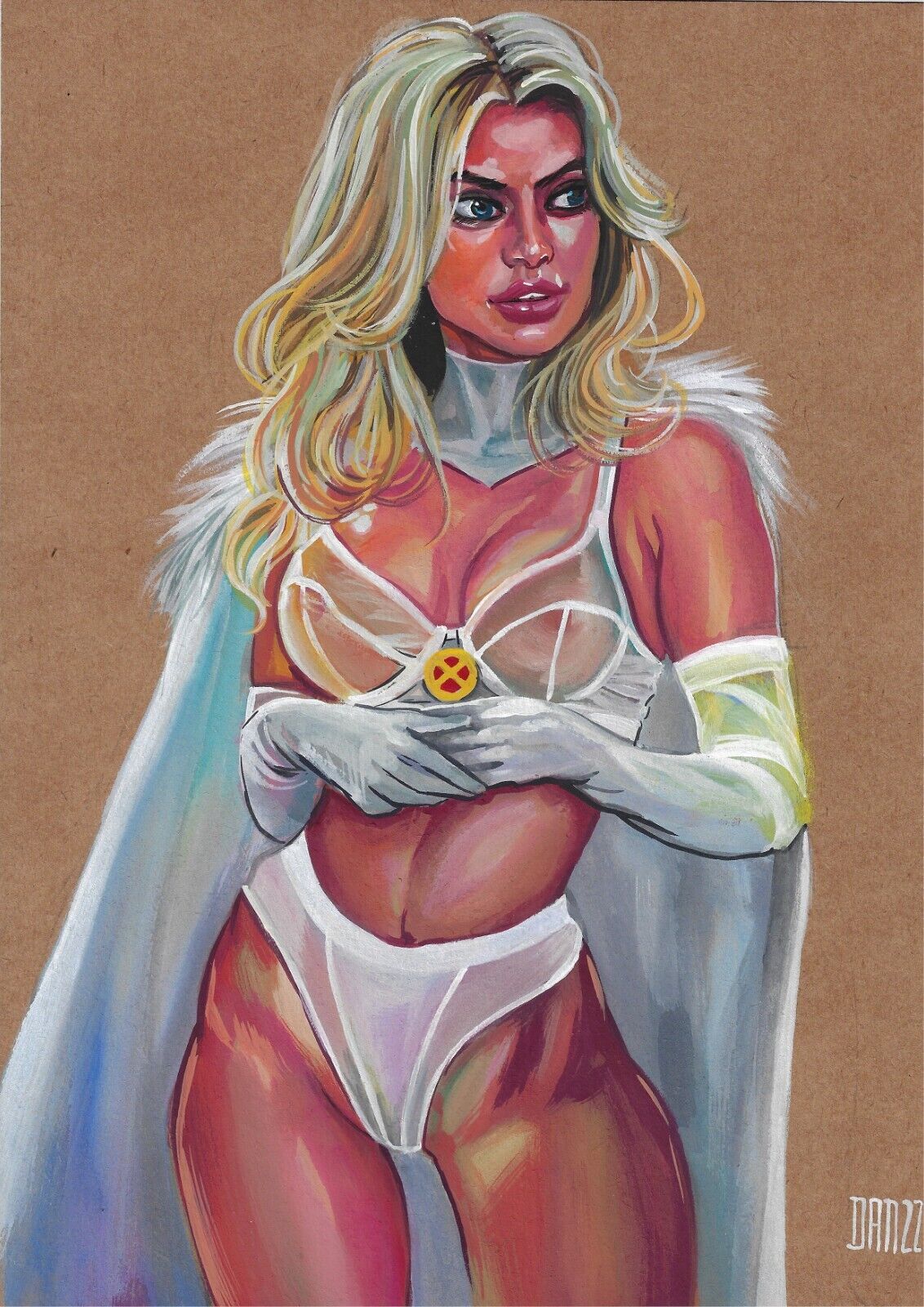 blonde_hair blue_eyes breasts curvy curvy_female dan_wade emma_frost female female_only hourglass_figure huge_breasts lingerie marvel marvel_comics nipples painting_(artwork) panties see-through see-through_bra see-through_clothing thick_thighs white_queen wide_hips x-men