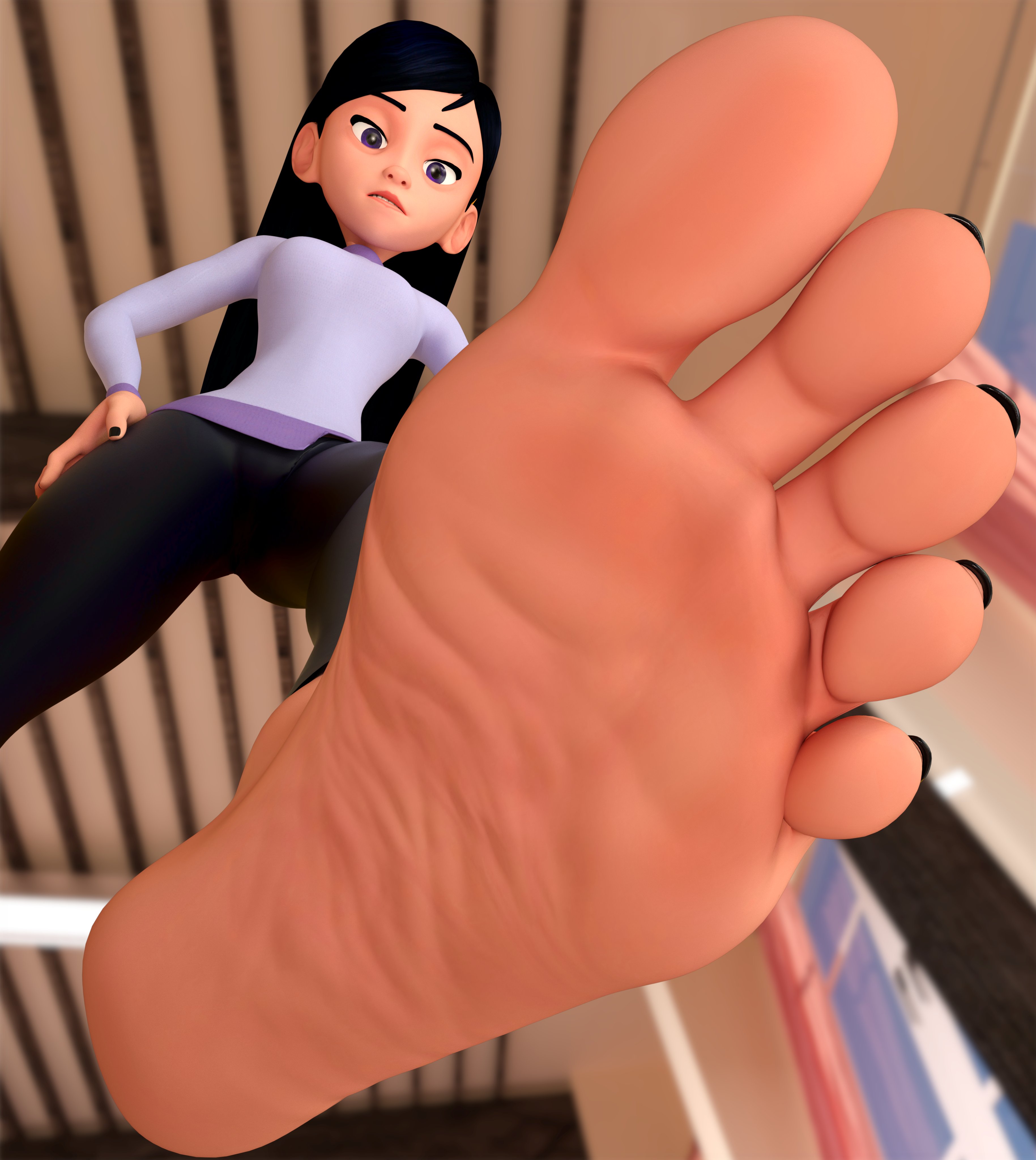barefoot, big feet, black hair, black toenails, feet, female, female only, foot fetish, foot focus, giantess, looking at viewer, pixar, sumiizu, teenager, the incredibles, violet parr