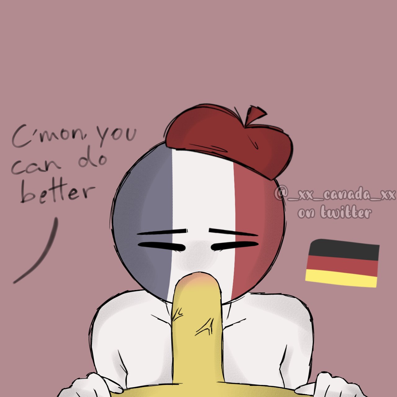 1boy 1girls beret blowjob blowjob_face breasts closed_eyes countryhumans countryhumans_girl emotionless emotionless_female english_text fellatio france_(countryhumans) french_flag germany_(countryhumans) hat headwear oral penis_in_mouth red_beret sucking sucking_penis text white_body white_skin xx.canada.xx yellow_body yellow_skin