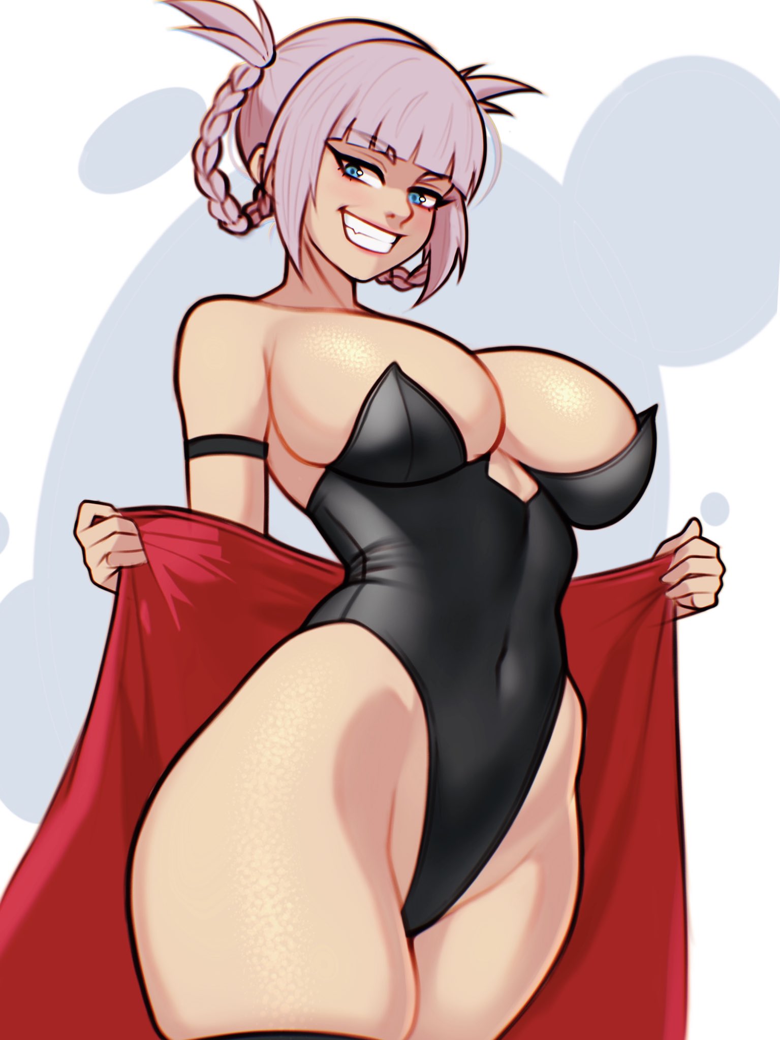 1girls, 2023, belly, big breasts, black leotard, blue eyes, braid, breasts, cleavage, covered navel, covered nipples, female, female only, fully clothed, highleg leotard, jakuson z, leotard, looking at viewer, nanakusa nazuna, navel, purple hair, revealing clothes, simple background, smile, smiling, smiling at viewer, solo, standing, thick thighs, thighs, wide hips, yofukashi no uta