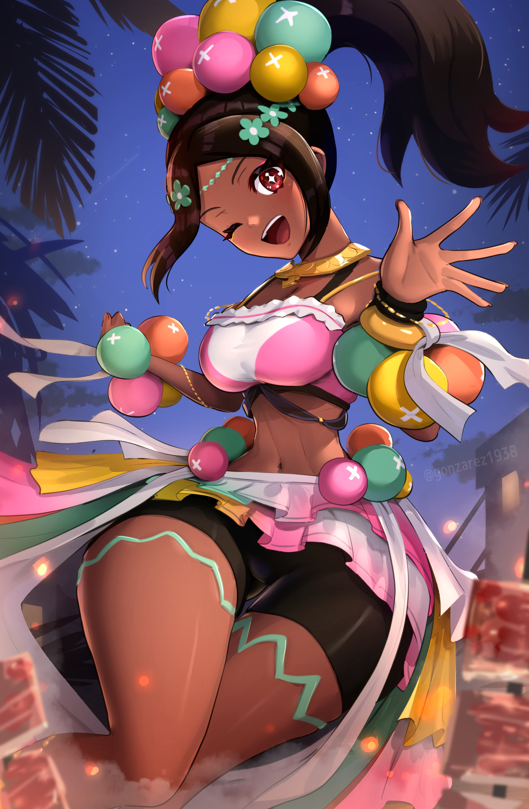;d, 1girls, absurdres, ass visible through thighs, bad anatomy, balls, bangs, bare shoulders, black hair, black shorts, breasts, brown eyes, camisole, commentary request, crop top, dark skin, dark-skinned female, eyeshadow, female, female only, fire emblem, fire emblem engage, frilled skirt, frills, gonzarez, hair ornament, highres, hourglass figure, large breasts, looking at viewer, makeup, male, medium breasts, midriff, navel, night, night sky, nintendo, one eye closed, orb, outdoors, parted bangs, partial commentary, pink eyeshadow, ponytail, short hair, short shorts, shorts, skirt, sky, sleeveless, smile, solo, star (symbol), star-shaped pupils, stomach, symbol-shaped pupils, thick thighs, thighs, timerra (fire emblem)