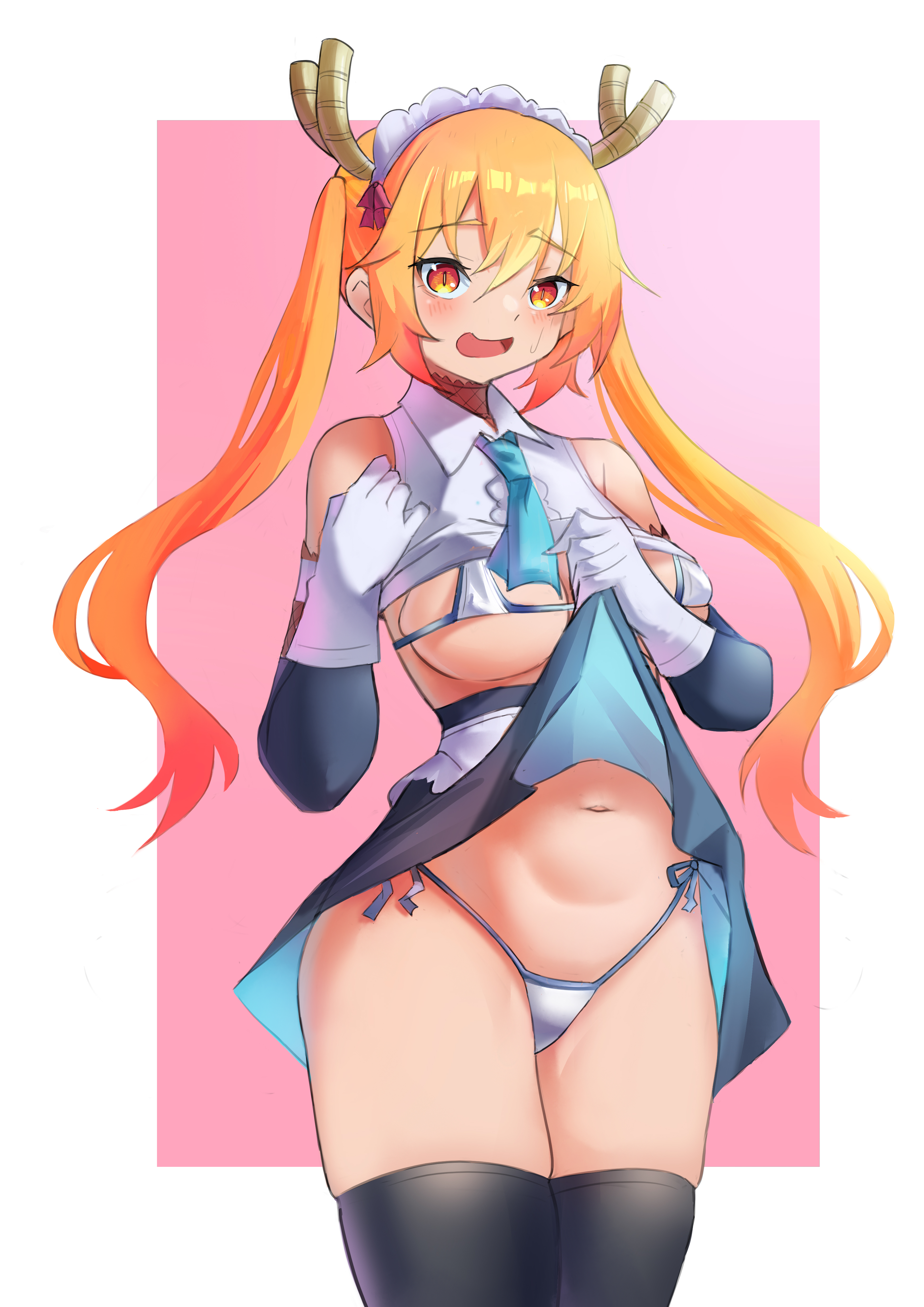 1girls, big breasts, black legwear, blonde hair, breasts, dnumde, female, flashing panties, horns, maid, maid headdress, miss kobayashi's dragon maid, orange eyes, skimpy bikini, skirt lift, solo, thighhighs, thong, tohru (dragon maid), twintails