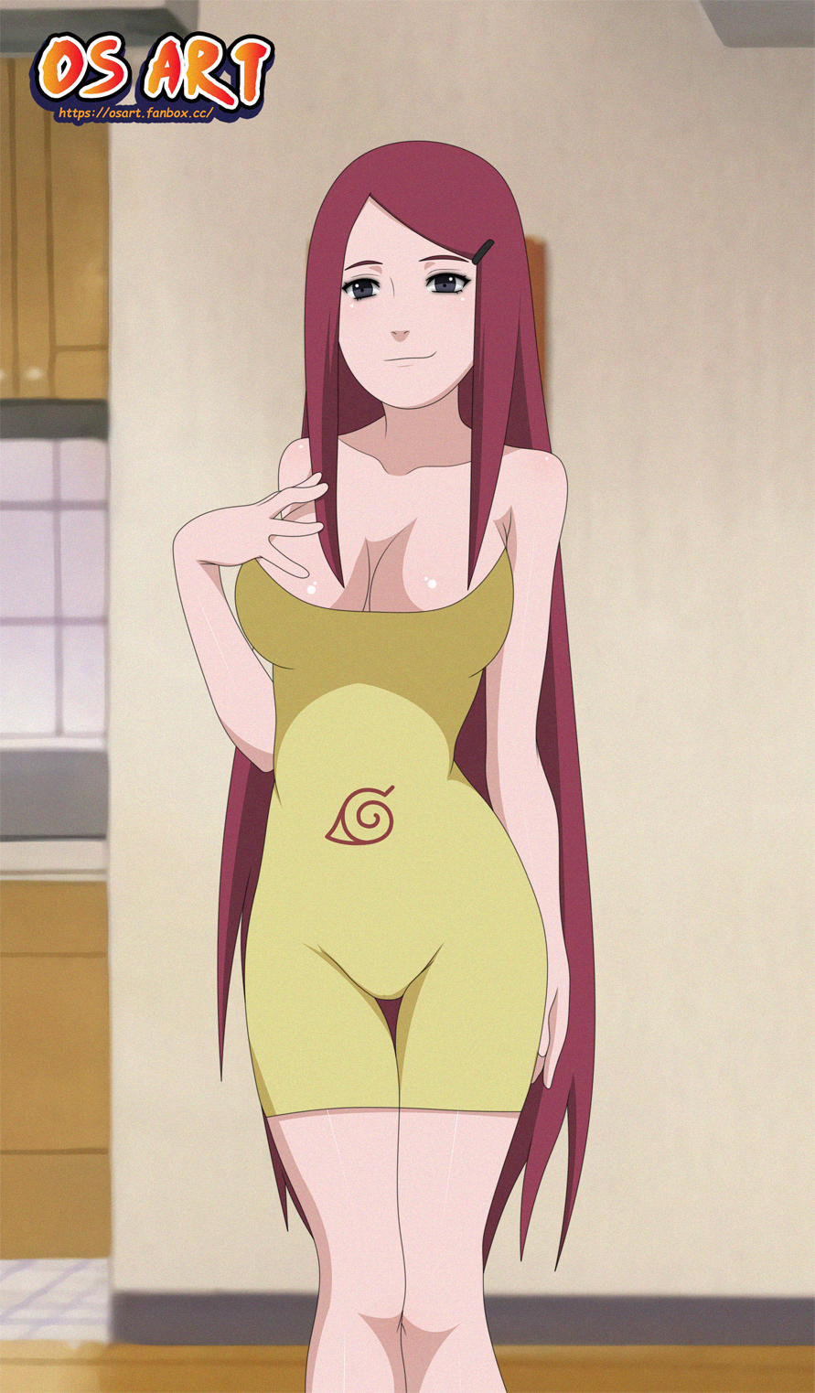 1girls bare_chest bare_legs bare_shoulders big_breasts blush breasts collarbone dress feet_out_of_frame female female_only fully_clothed indoors kitchen konohagakure_symbol legs_together long_hair mature mature_female milf naruto naruto_(series) naruto_shippuden no_bra os_art pinup purple_eyes red_hair skimpy skimpy_clothes smile solo standing strapless strapless_dress tight_clothing tight_dress uzumaki_kushina very_long_hair voluptuous