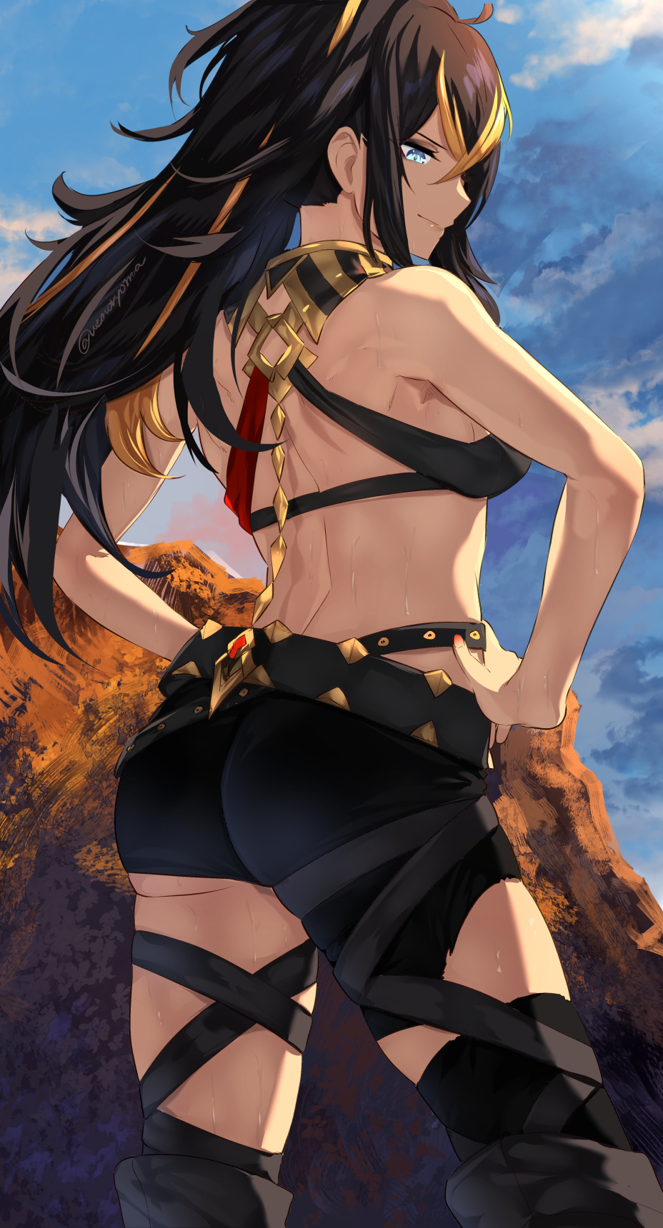 ass bangs bare_arms bare_shoulders black_hair black_thighhighs blue_eyes brown_hair closed_mouth dehya_(genshin_impact) female from_behind genshin_impact hands_on_hips highres long_hair multicolored_hair outdoors smile streaked_hair thighhighs thighs twitter_username two-tone_hair uenoryoma