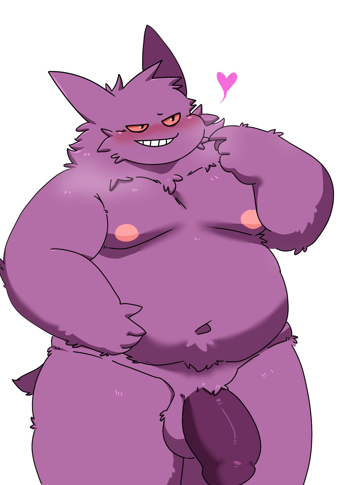 2023 anthro belly big_belly blush dragon_night800 generation_1_pokemon gengar heart hi_res kemono male male_only moobs navel nintendo nipples overweight overweight_male pokemon pokemon_(species) purple_body solo