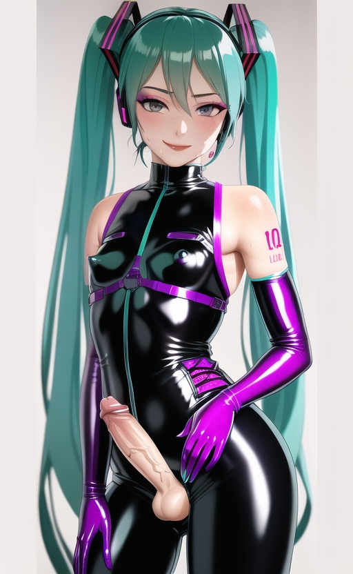 1futa ai_generated anal anal_sex anime big_penis blue_hair bodysuit catsuit erect_nipples erect_penis erection eye_contact eyeshadow female futa_only futanari harness hatsune_miku haughty_face haughty_smile human human_only latex latex_bodysuit latex_catsuit latex_gloves latex_harness light-skinned_futanari light_skin lipstick makeup nai_diffusion oiled_skin peeking_nipple penis shiny_clothes shiny_skin small_breasts solo stable_diffusion standing sweat sweaty tight_clothing vocaloid weird_penis