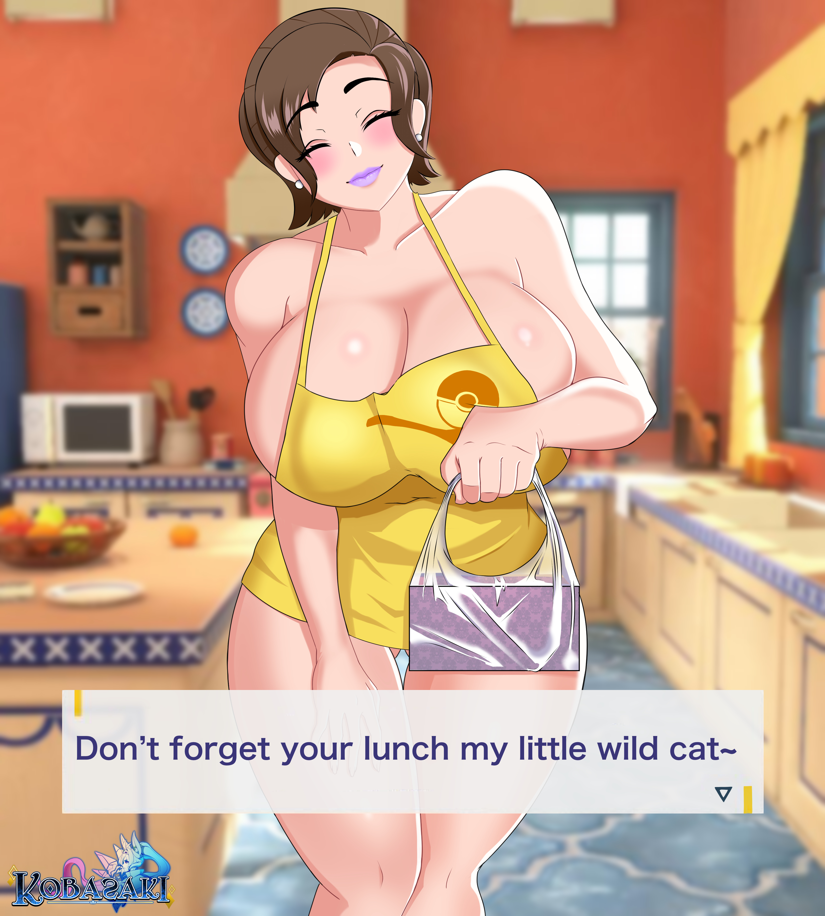 1girls, alternate breast size, apron, apron only, big breasts, breasts, busty, cleavage, curvaceous, curvy, curvy body, curvy female, curvy figure, english text, female, game freak, huge breasts, kobasaki (artist), large breasts, lipstick, mature, mature female, milf, mother, mother (pokemon sv), naked apron, nintendo, pokemon, pokemon (game), pokemon sv, purple lipstick, text, thick thighs, thighs, voluptuous, wide hips