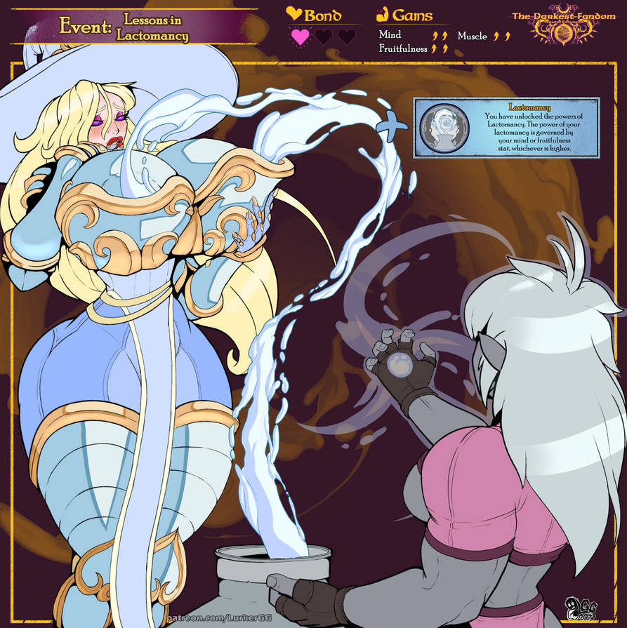 1boy, 1girls, athletic, athletic female, big breasts, bimbo, blonde hair, bottom heavy, breasts, busty, cleavage, curvaceous, curvy, curvy figure, darkest fandom, digital media (artwork), eyebrows, eyelashes, eyes, female, female focus, fit, fit female, garrick (darkest fandom), hair, hips, hourglass figure, huge breasts, humanoid, lactating, lactation, lactation through clothes, large breasts, legs, light skin, light-skinned female, lurkergg, male, mature, mature female, milk, minerva (darkest fandom), original, original character, thick, thick legs, thick thighs, thighs, toned, toned female, top heavy, upper body, voluptuous, waist, wide hips, witch