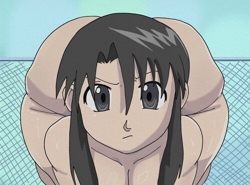 ass bigger than breasts, ass bigger than head, ass visible from the front, ass visible through thighs, azumanga daiou, big ass, breasts, breasts out, bubble butt, face focus, female, front facing with ass, front view, huge ass, low quality, mageta32, marsedit, massive ass, minamo hips, nude, nude female, nyamo minamo kurosawa, please look forward to it, solo, thick thighs, wide hips
