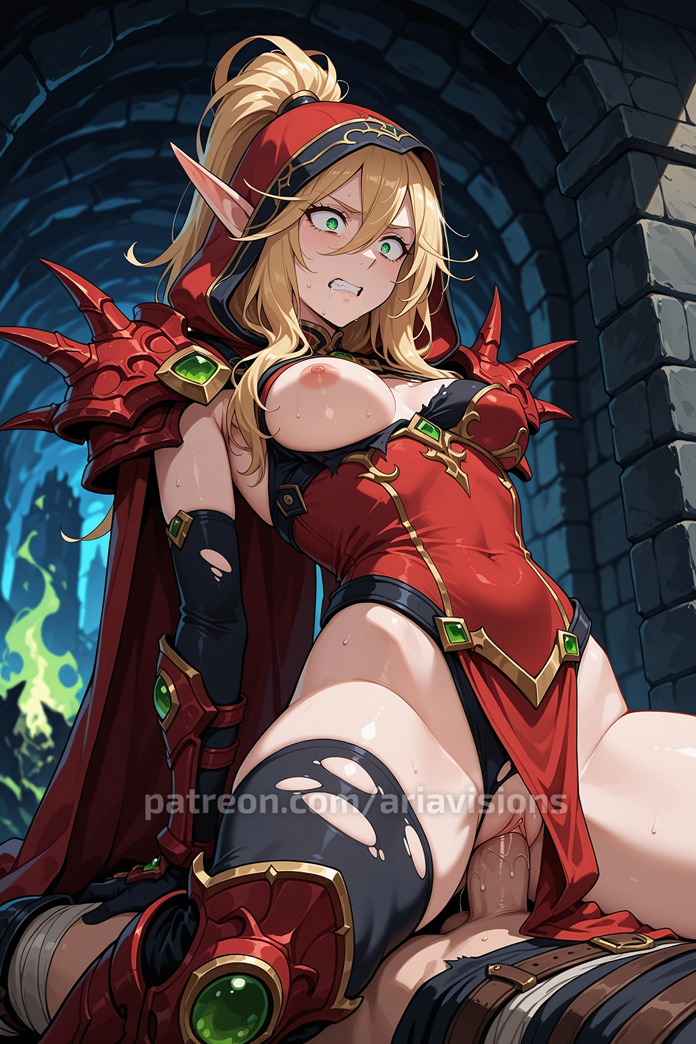 ai assisted, ai generated, ariavisions, arm support, blonde hair, breasts, elf, elf ears, female, green eyes, gritted teeth, hair between eyes, high ponytail, long eyebrows, long hair, one breast out, panties aside, patreon, pussy, sitting on person, vaginal penetration, vaginal sex, valeera sanguinar, world of warcraft, wow