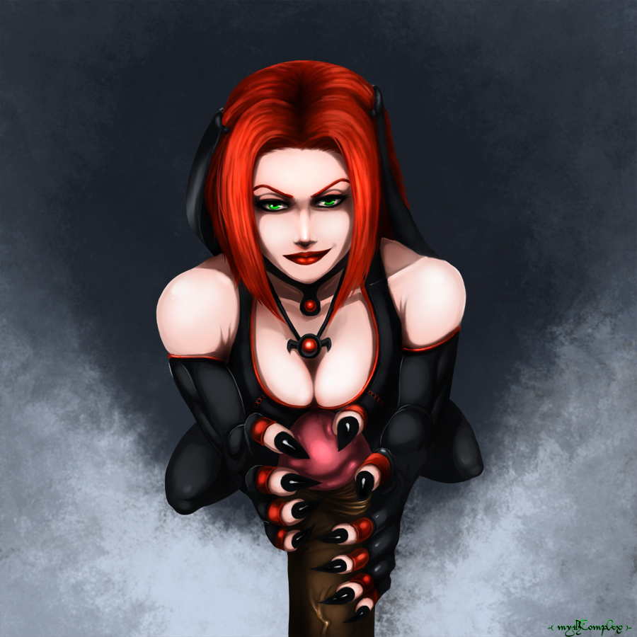 1boy 1boy1girl 1girls 2011 bloodrayne breasts cleavage erect erection green_eyes handjob large_penis looking_at_viewer majesco mythcomplex necklace pale-skinned_female pale_skin penis rayne red_hair simple_background smile tagme