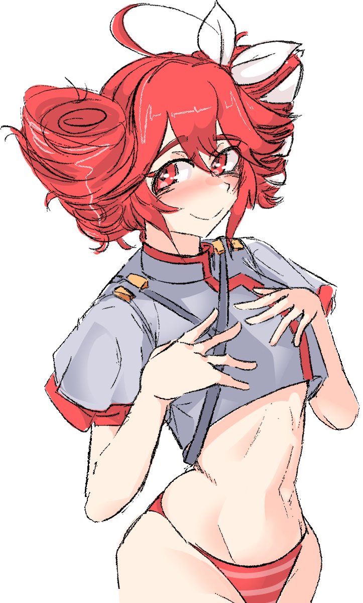 1girls, 2d, 2d (artwork), ahoge, alternate version available, artist request, belly, bikini, bikini bottom, blush, blushing, breasts, crop top, cropped jacket, female, female only, hair ornament, hairbow, hands on breasts, kasane teto, kasane teto (sv), navel, red eyes, red hair, slim female, slim waist, small breasts, small waist, solo, solo female, striped bikini, synthesizer v, twin drills, utau, white background, wide hips