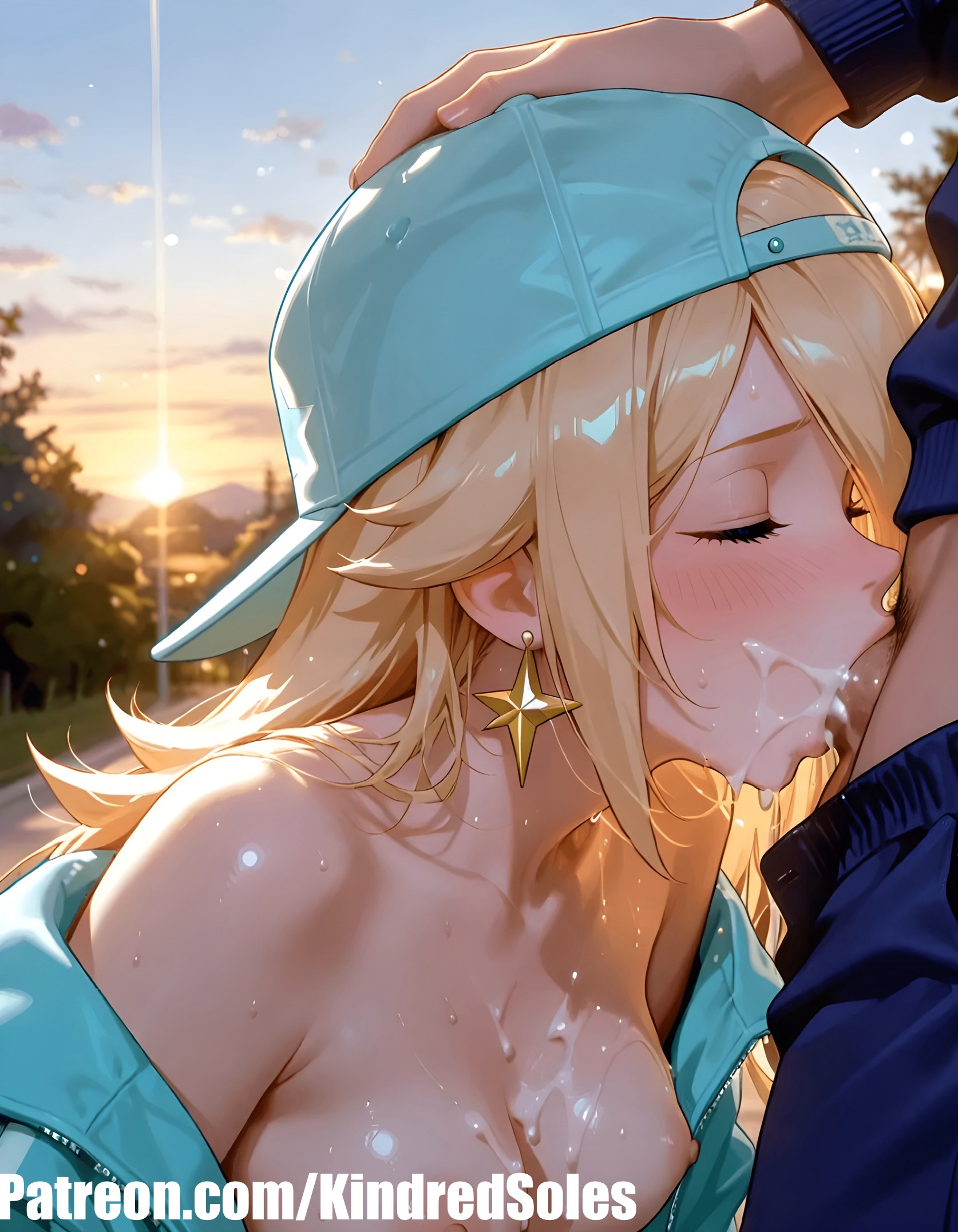 1boy, 1girls, absurd res, ai generated, alternate costume, bare shoulders, baseball cap, blonde hair, blowjob, blush, breasts, breasts out, close-up, closed eyes, closeup, cum, cum drip, cum dripping, cum dripping down chin, cum in mouth, cum on breasts, cum on face, earrings, fellatio, female, female focus, hat, kneeling, kneeling oral position, male, mario (series), mario kart, mario kart world, nintendo, open clothes, oral, oral sex, outdoors, penis, piercing, princess rosalina, public, public nudity, small breasts, sucking, sucking penis