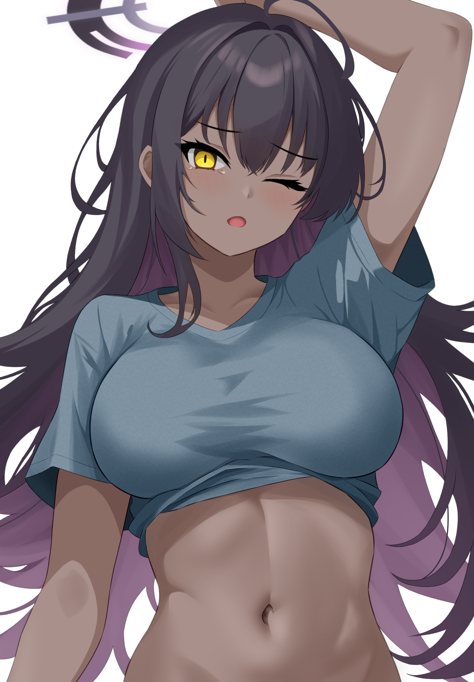 1girls, arm above head, arm up, bare arms, bare belly, bare hands, bare hips, bare midriff, bare navel, bare skin, belly, belly button, black hair, black-haired female, blue archive, breasts, brown skin, brown skinned female, brown-skinned female, busty, busty female, busty teenager, collarbone, dark skin, dark-skinned female, elbows, exposed arms, exposed belly, exposed hips, exposed midriff, exposed navel, exposed skin, eye closed, eyebrows visible through hair, female, female focus, female only, hair between eyes, halo, hand above head, hand up, head tilt, high resolution, high school student, highres, karin (blue archive), large breasts, lean figure, long hair, looking at viewer, midriff, narrow waist, navel, one eye closed, one eye open, one-eye closed, open mouth, parted lips, purple halo, raimu (clanberry000), schoolgirl, shoulders, simple background, slender body, slender waist, slim waist, solo, standing, teenage female, teenager, tilted head, tongue, upper body, white background, yellow eyes, yellow-eyed female, young female, young woman