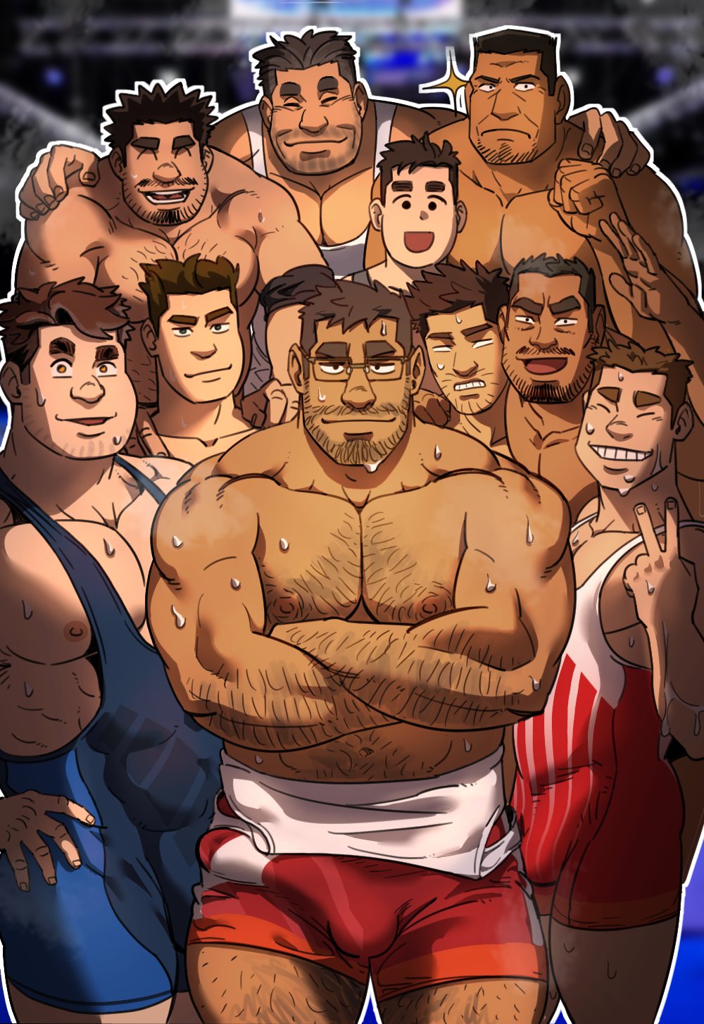 10boys, 6+boys, age difference, bara, bulge, bulge through clothing, detective conan, dilf, gay, hairy, hairy chest, hairy male, height difference, male, male only, outfit, size difference, sweat, sweatdrop, sweating, sweaty body, unspoken (firebreath110), wrestler, wrestling outfit, yaoi, yuminaga (detective conan)