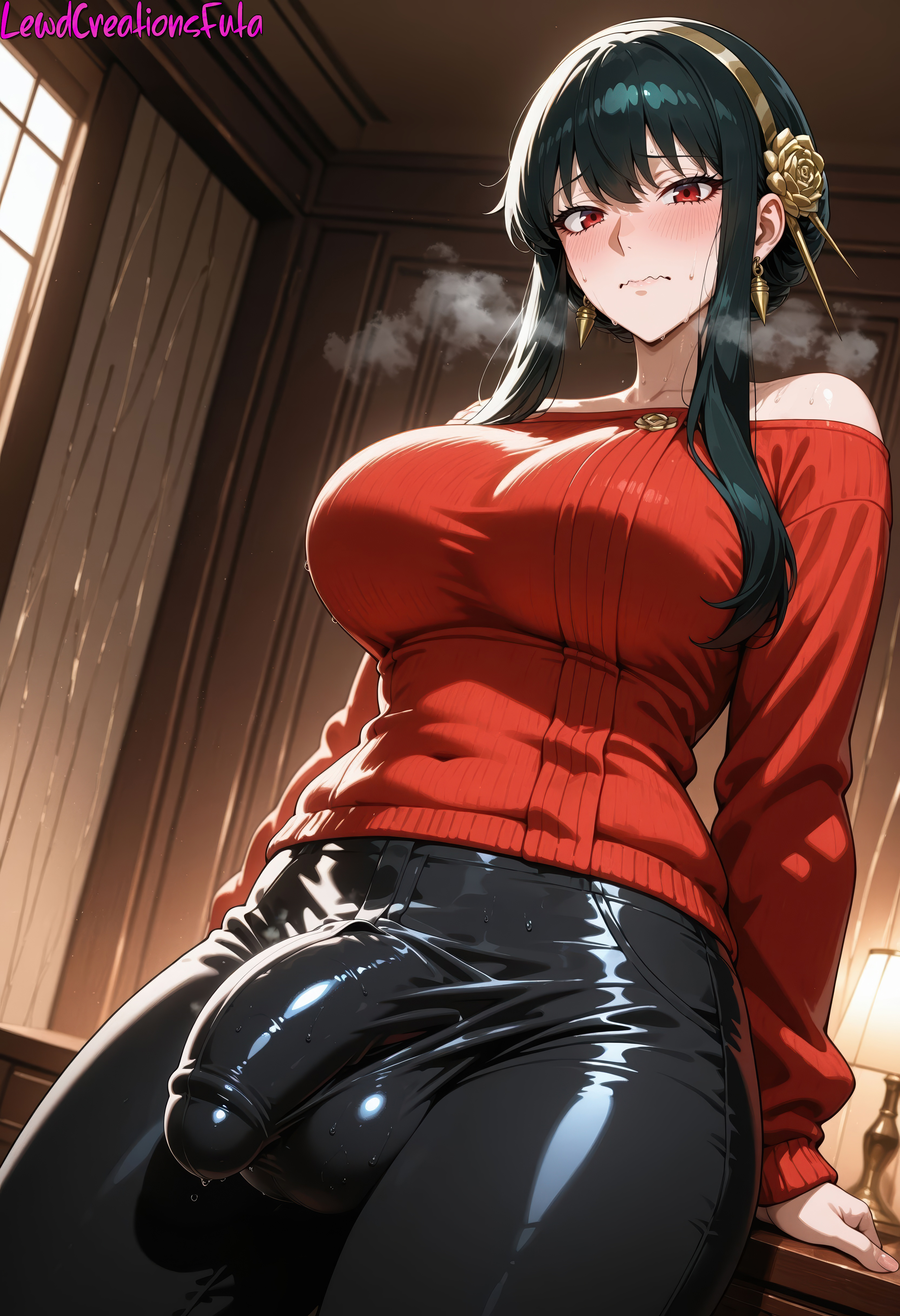 1girls, absurd res, ai generated, bedroom, black hair, breasts, bulge, bulge under clothes, curvy, curvy figure, dickgirl, dickgirl/female, embarrassed, female, futa only, futadom, futanari, high resolution, highres, indoors, intersex, lewdcreationsfuta, mature, mature female, mature woman, milf, penis, precum, precum drip, precum on penis, precum string, red eyes, sexually suggestive, solo, solo female, solo focus, spy x family, tagme, thick, thick legs, thick thighs, thighs, wavy mouth, yor briar, yor forger