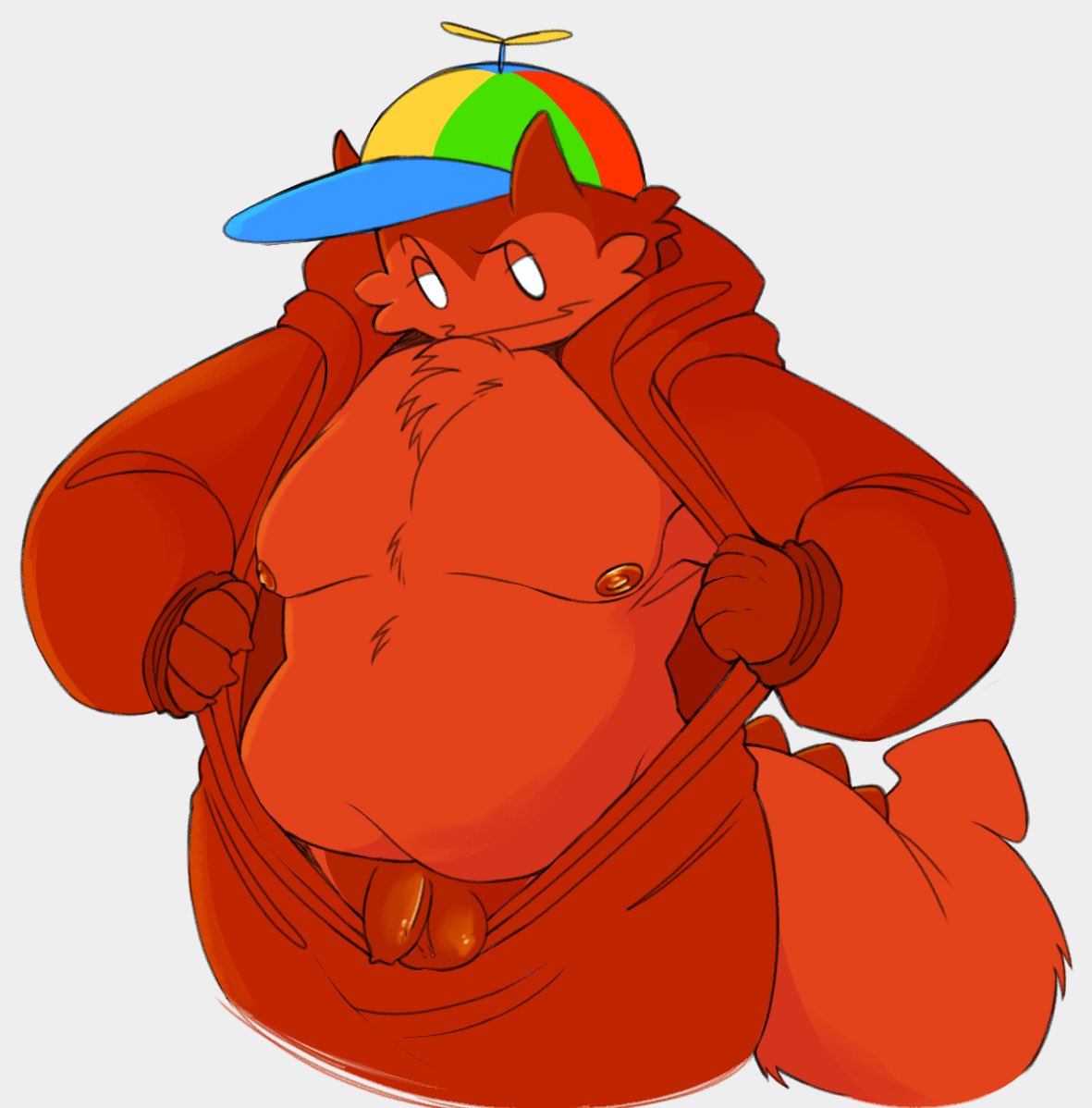 1conocl4sm, balls, c00lkidd, c00lkidd (forsaken), chubby, chubby male, cub, flashing, fluffy, foreskin, hoodie, male, penis, propeller hat, red body, red fur, small penis, uncircumcised