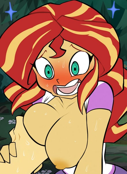 bigdad, blush, breast grab, breasts, breasts out, busty, clothed, clothing, embarrassed, embarrassed female, female, imminent sex, male, my little pony, pov male, sunset shimmer