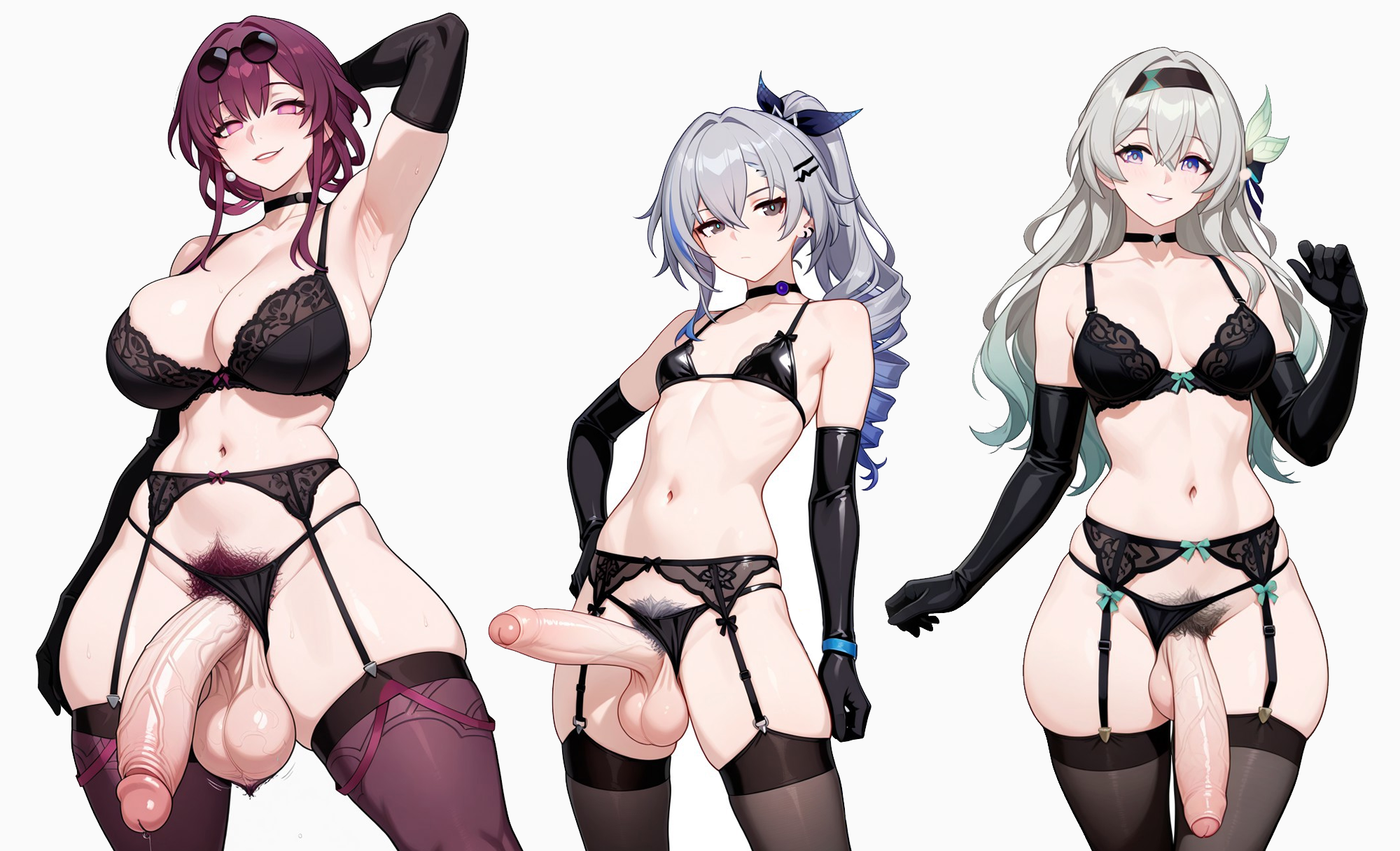 3futas, abs, ai generated, arm gloves, armpits, average breasts, average sized penis, balls, big balls, bra, breasts, choker, comparing, comparison, difference, excessive pubic hair, firefly (honkai: star rail), flat chest, foreskin, futa only, futanari, garter belt, garter straps, hairy, honkai: star rail, hoyoverse, intersex, kafka (honkai: star rail), lingerie, looking at viewer, maos, medium breasts, mihoyo, milf futa, panties, panties aside, penis, penis size difference, petite, precum, pubic hair, silver wolf (honkai: star rail), size difference, skinny, stockings, thick thighs, uncircumcised, veiny penis, white hair, wide hips