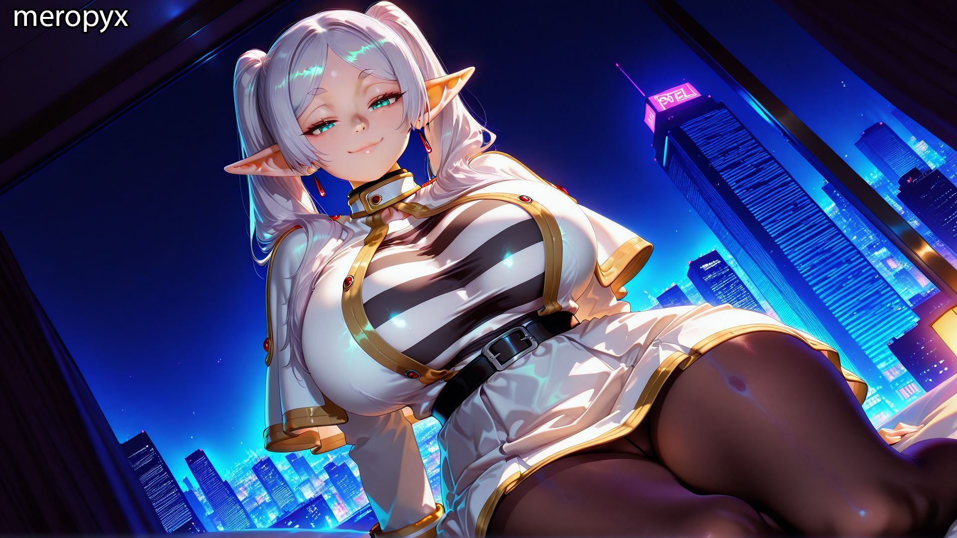 ai generated, big breasts, big thighs, breasts, breasts bigger than head, female, female only, frieren, gigantic breasts, hourglass figure, huge breasts, large breasts, large tits, looking at viewer, massive breasts, massive tits, meropyx, round breasts, seductive, solo, solo female, sousou no frieren, thick thighs, thin waist, voluptuous, voluptuous female, wide hips