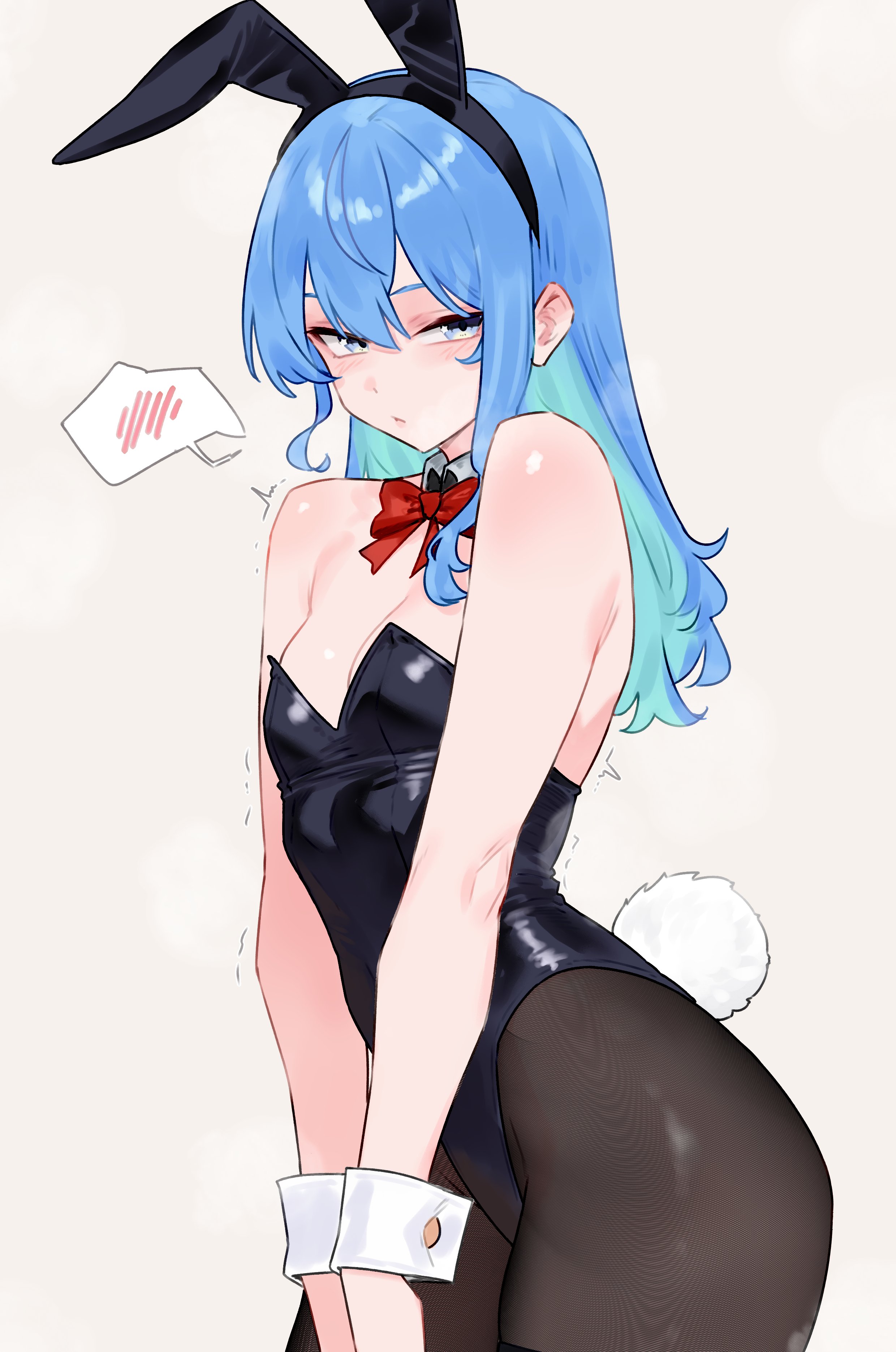 1girls, bangs, blue eyes, blue hair, bluefield, blush lines, bowtie, bunny ears, bunny girl, bunny tail, bunnysuit, female, female only, hololive, hololive japan, hoshimachi suisei, leotard, long hair, looking away, nervous, rabbit ears, rabbit girl, shaking, shy, simple background, small breasts, solo, tagme, tights, virtual youtuber