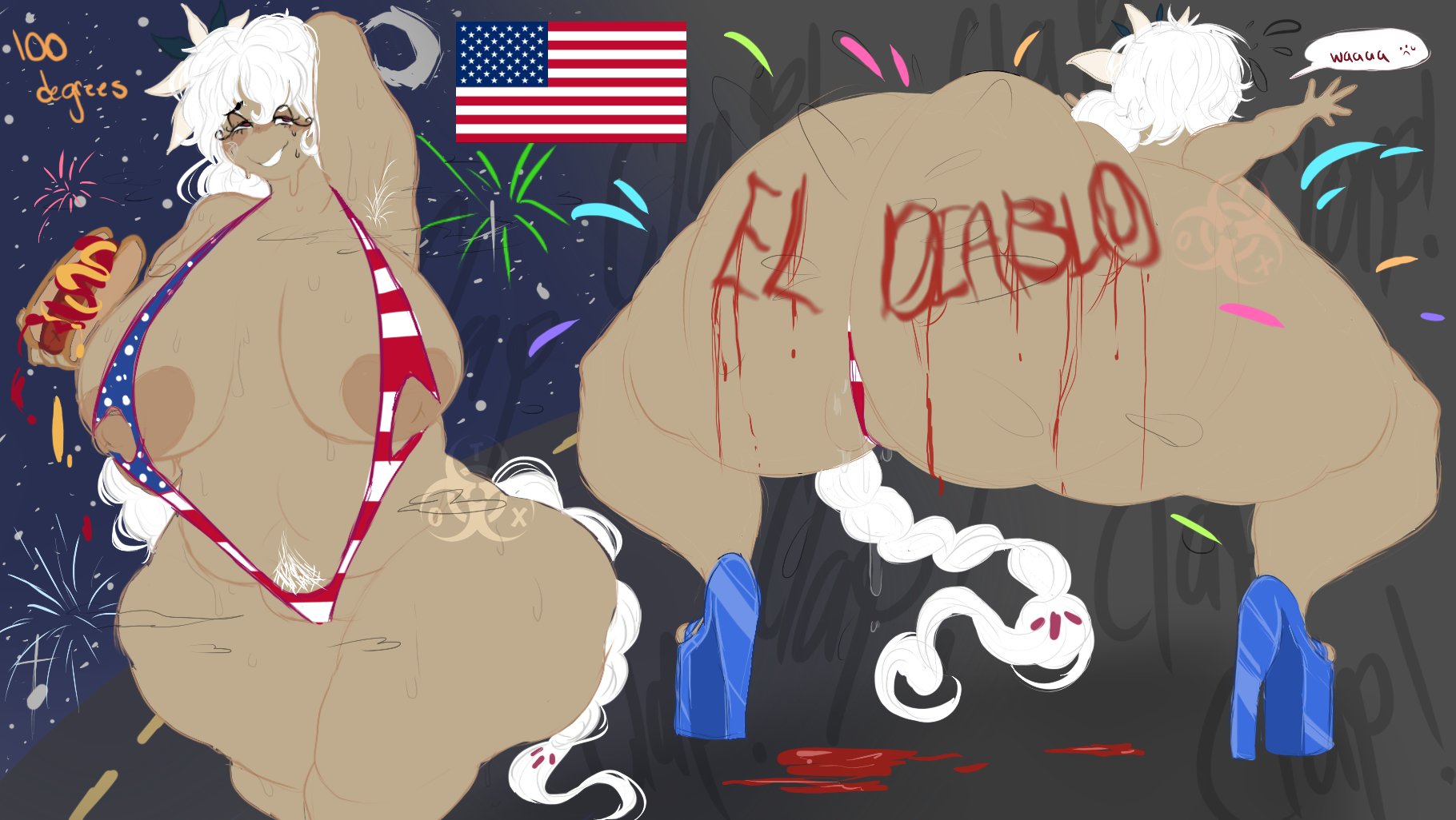1girls, 4th of july, american flag bikini, armpit, armpit hair, ass, ass clapping, bikini, cookie run, cookie run kingdom, female, fourth of july, heels, hot dog, hotdog, ketchup, mustard, toxundercover, twerking, white hair, white lily cookie