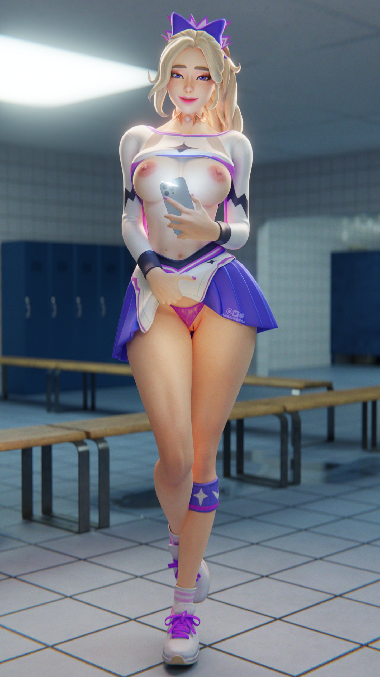 1girls, 2025, areolae, athletic, athletic female, blender, blonde female, blonde hair, blue eyes, bowtie, breasts, breasts out, cheerleader, cheerleader outfit, cheerleader uniform, detailed background, epic games, female, female focus, female only, fortnite, fortnite: battle royale, freckles, freckles on face, haylee skye (fortnite), hi res, highres, light skin, light-skinned female, locker room, nipples, panties, panties aside, phone, pussy, pussy lips, pussy peek, pussy teasing, selfie, selfie pose, shirt, shirt lift, shirt up, skirt, skirt lift, skirt up, smile, smiling, sneakers, tease, teasing, thick thighs, underwear, vagina, watermark, weedson86
