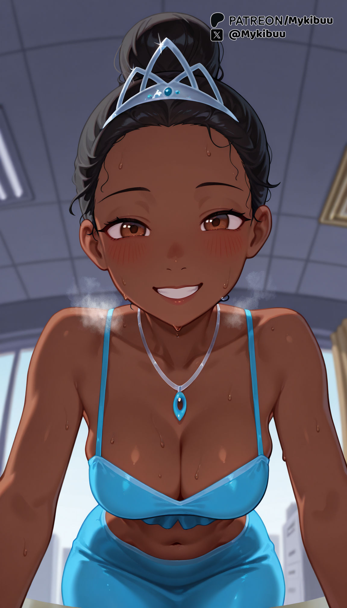 1girls ai_generated bare_shoulders black_hair blue_pants blue_skirt blush breasts breath brown_eyes camisole ceiling ceiling_light cleavage collarbone crop_top dark-skinned_female dark_skin disney disney_princess forehead grin hair_bun heavy_breathing indoors jewelry large_breasts leaning_forward looking_at_viewer midriff mykibuu navel necklace pov single_hair_bun skirt smile solo spaghetti_strap sweat the_princess_and_the_frog tiana tiara very_dark_skin window