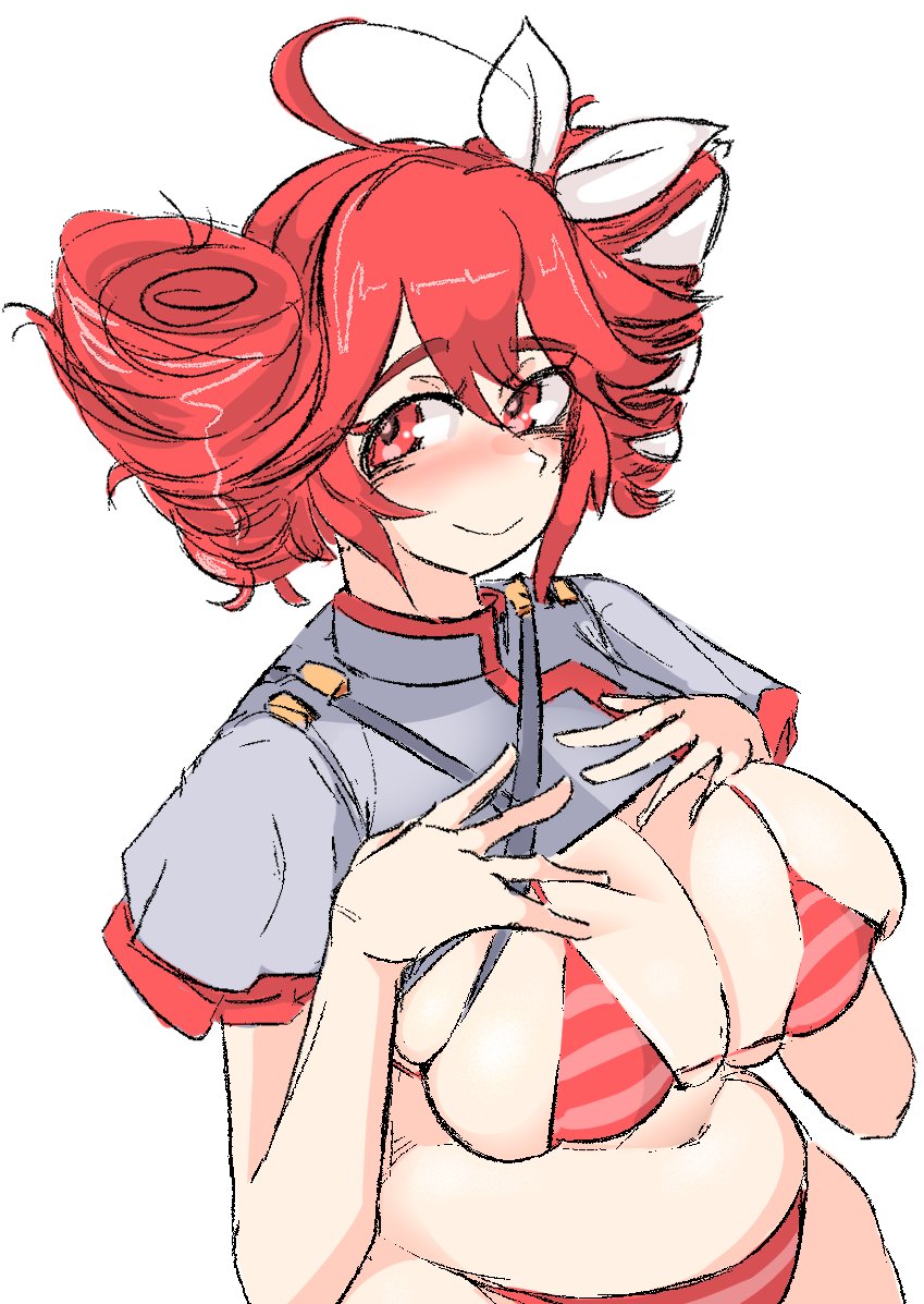 1girls, 2d, 2d (artwork), ahoge, alternate version available, artist request, belly, big breasts, bikini, blush, breasts, chubby, chubby female, cleavage, crop top, cropped jacket, female, female only, hair ornament, hairbow, hands on breasts, huge breasts, kasane teto, kasane teto (sv), large breasts, navel, overflowing breasts, red eyes, red hair, skindentation, solo, solo female, striped bikini, synthesizer v, twin drills, utau, white background, wide hips