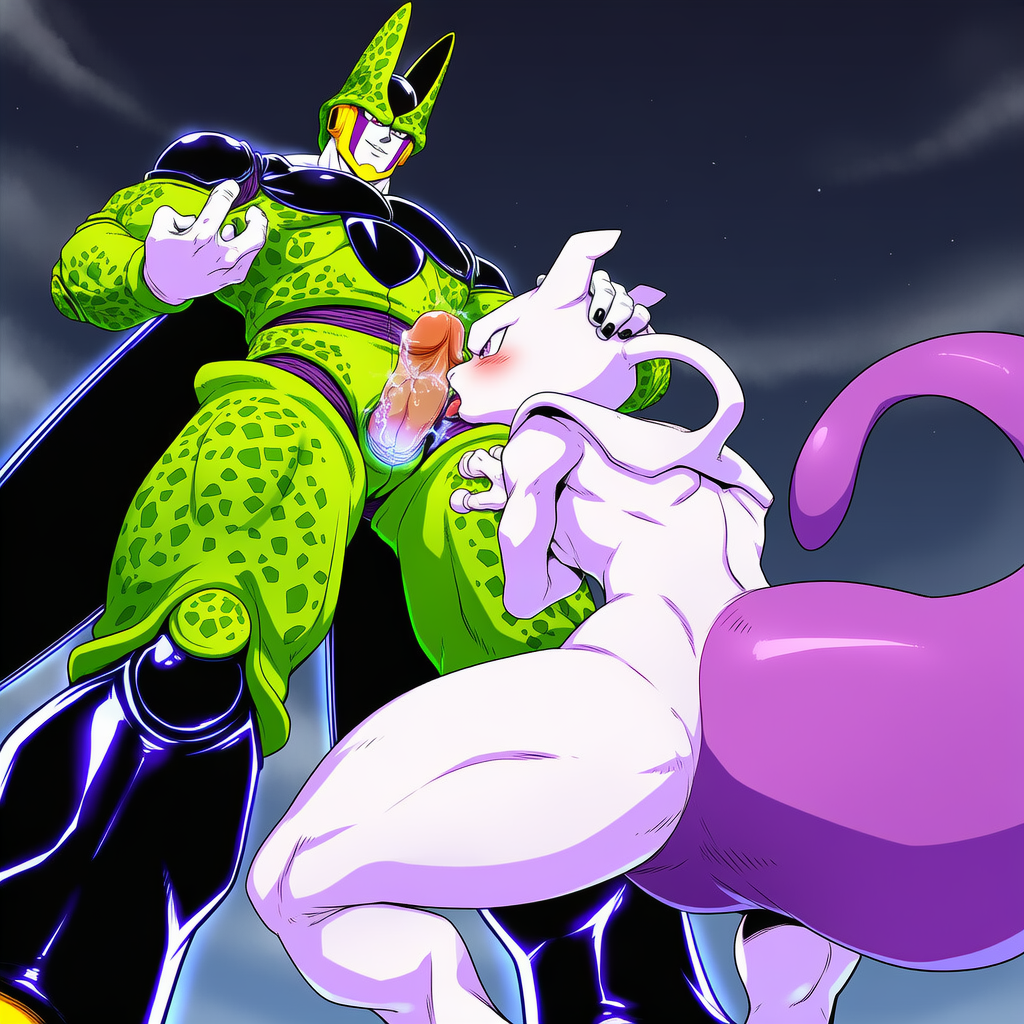 ai_generated anthro cell_(dragon_ball) crossover dragon_ball dragon_ball_z electricity fellatio from_below green_skin hand_on_another&#039;s_head licking_penis looking_down male mewtwo muscular muscular_male perfect_cell pokemon smiling
