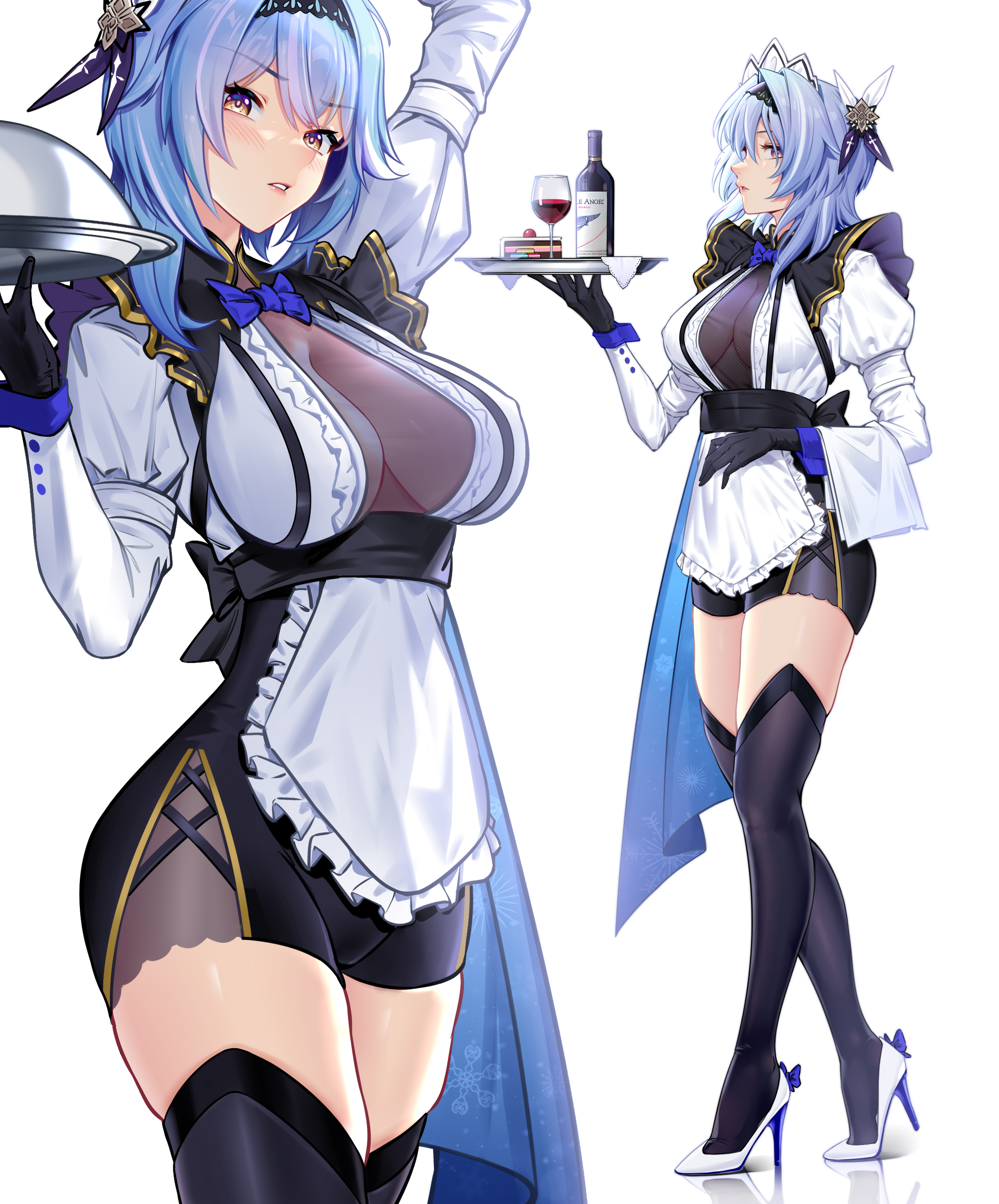 1girls, 95 (jiuwujiang), absurdres, alternate costume, apron, arm up, black gloves, black hairband, blue bow, blue hair, blush, bottle, bow, breasts, cup, drinking glass, enmaided, eula (genshin impact), female, female only, frilled apron, frills, from side, full body, genshin impact, glass, gloves, hair ornament, hairband, hand up, high heels, highres, holding, holding tray, juliet sleeves, large breasts, long sleeves, maid, maid apron, multiple views, parted lips, puffy sleeves, sash, simple background, thighhighs, thighs, tray, two-tone footwear, white apron, white background, white footwear, wine bottle, wine glass, zettai ryouiki