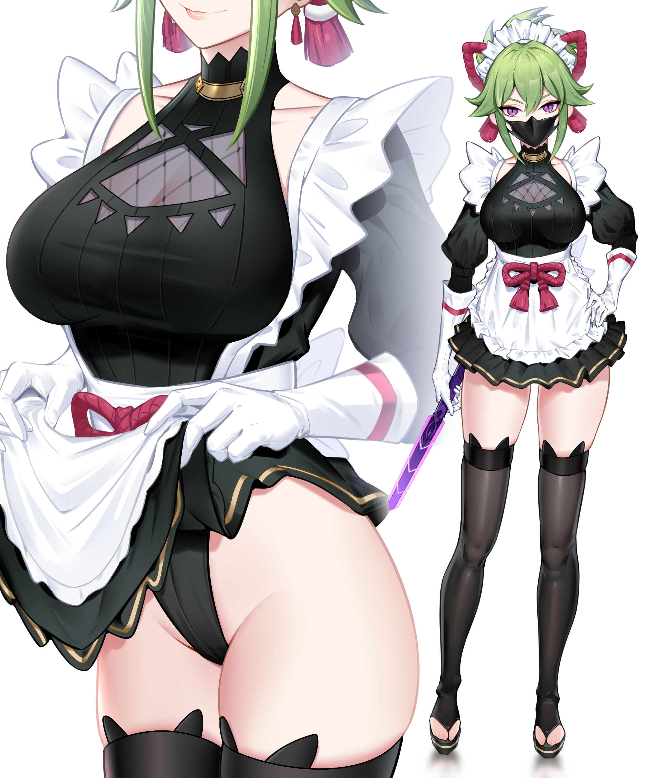 95 (jiuwujiang), absurdres, animal ears, apron, black mask, black thighhighs, breasts, cleavage, cleavage cutout, clothes lift, clothing cutout, collarbone, contrapposto, earrings, fake animal ears, female, female only, fishnet top, fishnets, flashing, genshin impact, gloves, green hair, head out of frame, highleg, highleg leotard, highres, jacket, jewelry, kuki shinobu, large breasts, leotard, leotard under clothes, light smile, long sleeves, looking at viewer, maid, maid headdress, mask, mouth mask, ninja, ninja mask, panties, ponytail, projected inset, public indecency, purple eyes, purple jacket, purple rope, ribbed leotard, rope, sandals, shimenawa, sidelocks, simple background, skirt, skirt lift, slit pupils, smile, solo, tassel, tassel earrings, thighhighs, tsurime, turtleneck, underwear, waist apron, white background, white gloves