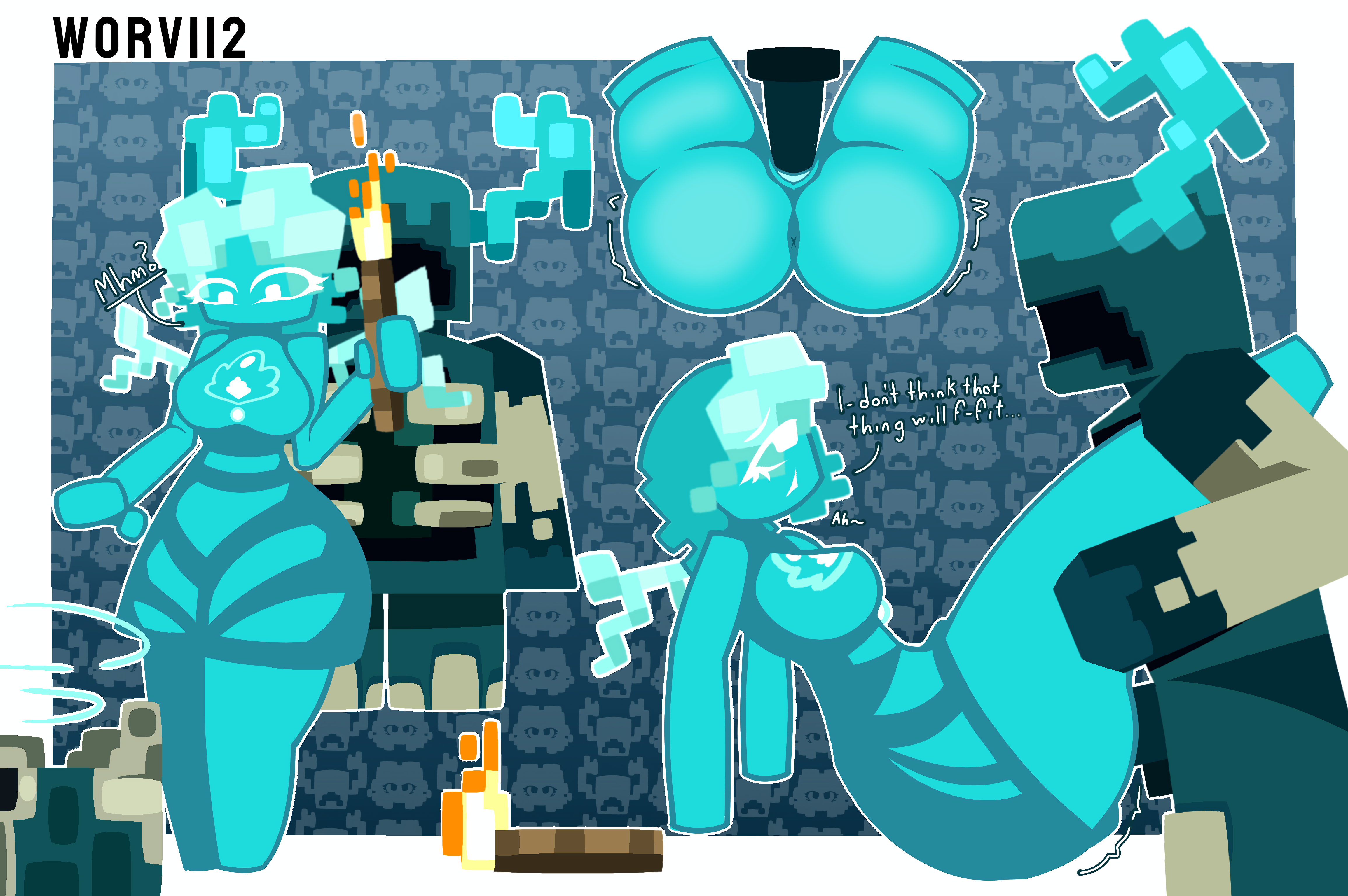 1boy, 1girls, allay (minecraft), blue body, blue hair, clothed sex, elderly allay, female, incredibox, incredibox (otherside), incredibox mod, male, mating press, minecraft, monster, monster on female, sex, shy, text, warden (minecraft), worvi12
