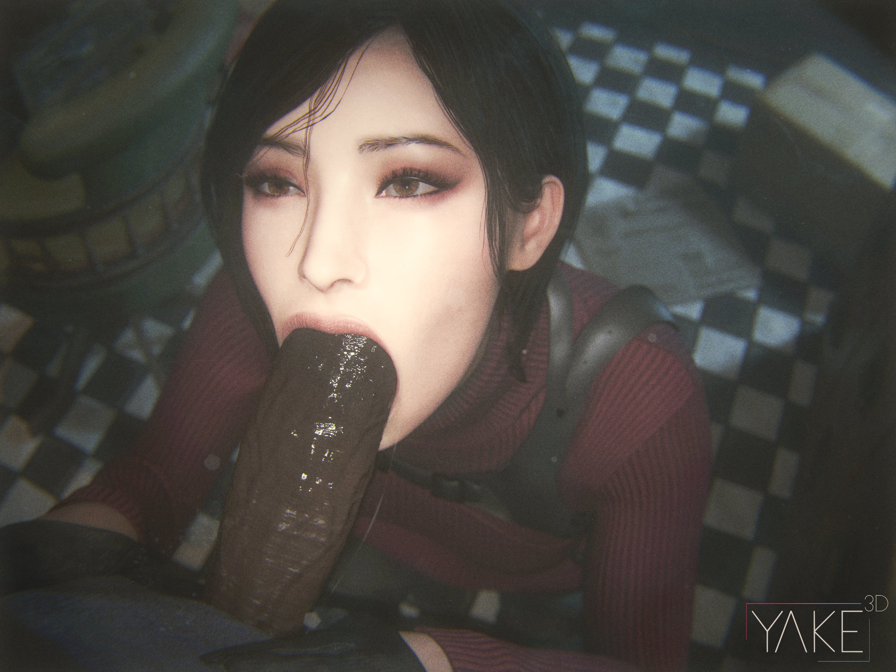 1boy, 1girls, 3d, 3d artwork, ada wong, ada wong (adriana), asian, asian female, asymmetrical hair, big penis, biohazard, black gloves, black hair, blowjob, bob cut, capcom, chinese, chinese female, clothed, dark skin, dark-skinned male, eye contact, female, garage, gloves, green eyes, interracial, kneeling, large penis, leather gloves, light skin, light-skinned female, male, oral, oral penetration, petite, pov, resident evil, resident evil 4, resident evil 4 remake, saliva, saliva string, saliva trail, seductive eyes, seductive look, seductive mouth, short hair, skinny, slim, sloppy, sloppy blowjob, turtleneck, yakenaris