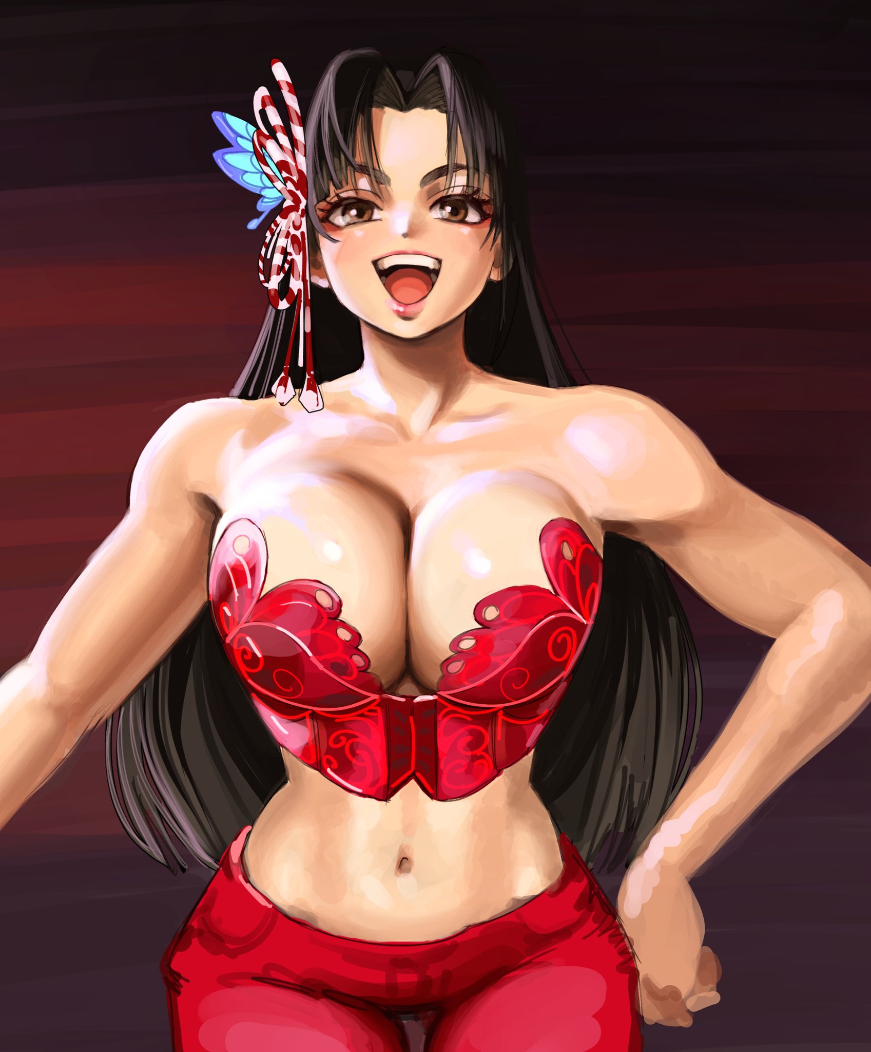 1girls, adult, adult female, bare armpits, bare arms, bare belly, bare chest, bare hands, bare navel, bare shoulders, bare skin, belly, belly button, big breasts, black hair, black-haired female, breasts, brown eyes, brown-eyed female, busty, busty female, butterfly hair ornament, capcom, cleavage, collarbone, curvaceous, curvaceous body, curvaceous female, curvaceous figure, curvaceous hips, curvy, curvy body, curvy female, curvy figure, curvy hips, dark background, elbows, exposed armpits, exposed arms, exposed belly, exposed chest, exposed navel, exposed shoulders, exposed skin, fatal fury, female, female focus, female only, hair ornament, hair ornaments, high resolution, highres, hourglass figure, jeans, jerrydurd, large breasts, lean figure, lips, long hair, looking at viewer, mai shiranui, mai shiranui (street fighter 6), mature, mature female, midriff, muscular, muscular female, narrow waist, navel, open mouth, open mouth smile, parted bangs, parted lips, shoulders, simple background, slender body, slender waist, slim waist, smile, smiley face, smiling, smiling at viewer, snk, solo, standing, street fighter, street fighter 6, thigh gap, thighs, tongue, upper body, upper teeth, white background, wide hips