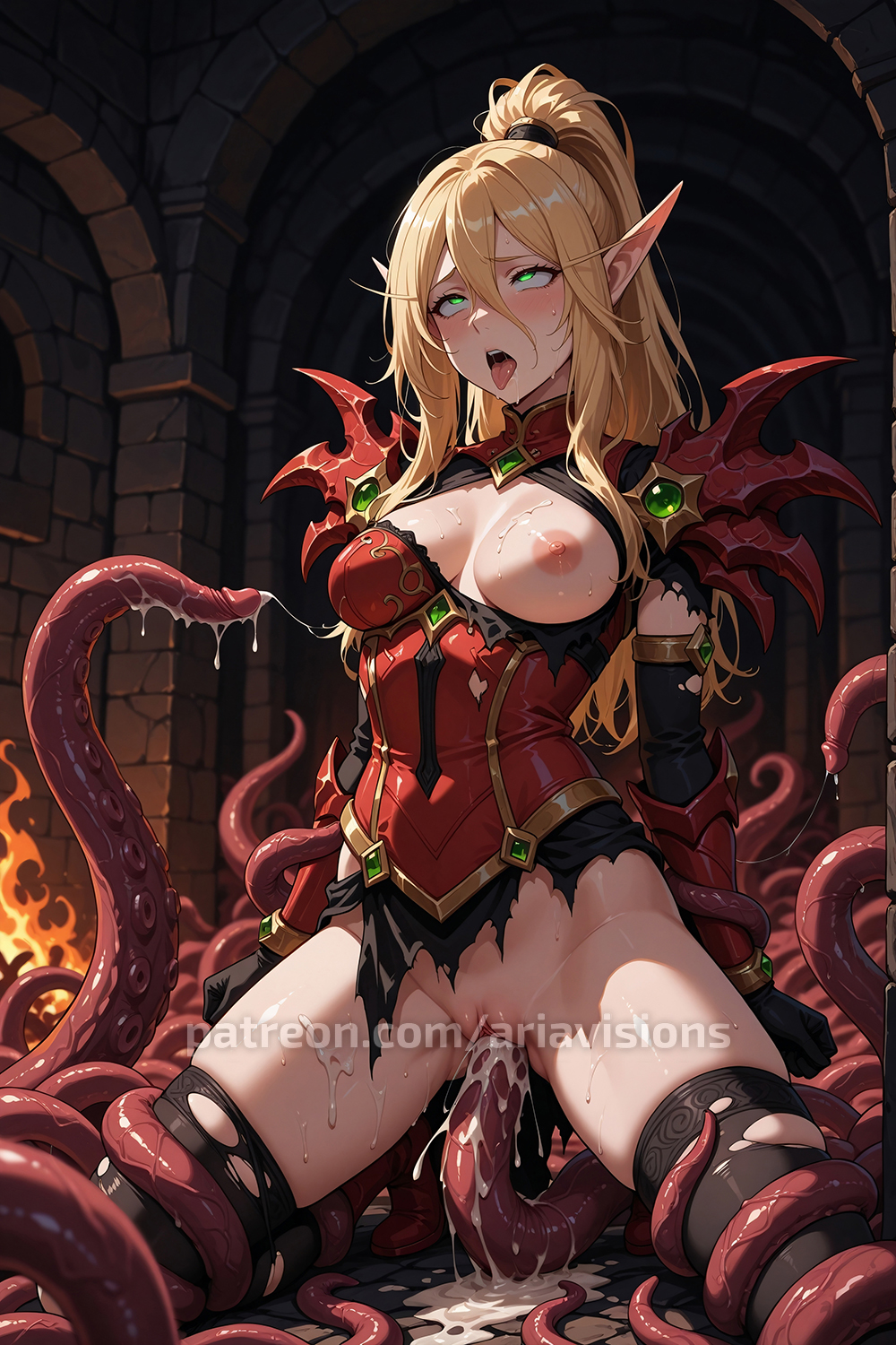 ai assisted, ai generated, ariavisions, armor, blonde hair, blush, bottomless, breasts, cum in pussy, elf, elf ears, female, green eyes, hair between eyes, half-closed eyes, high ponytail, infit, long eyebrows, long hair, one breast out, patreon, pussy, tentacle, tentacle sex, torn clothes, vaginal penetration, vaginal sex, valeera sanguinar, world of warcraft, wow