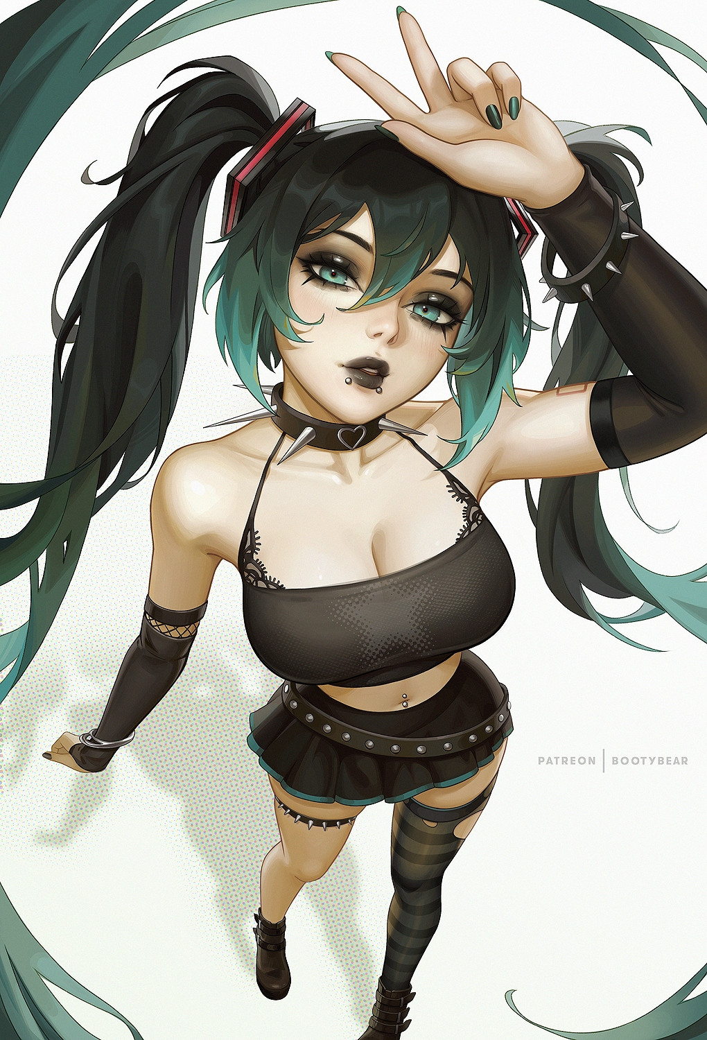 1girl, 1girls, aqua eyes, aqua hair, arm up, bangs, bare shoulders, black footwear, black hair, black lips, black lipstick, black nails, black skirt, black topwear, blue eyes, boots, bootybear, bracelet, breasts, choker, cleavage, collar, collarbone, crop top, detached sleeves, ear piercing, eyeshadow, female, from above, full body, goth, goth girl, gothic, gradient hair, green hair, hagane miku, hair between eyes, hatsune miku, hatsune miku (fortnite), jewelry, large breasts, lip piercing, lipstick, long hair, looking at viewer, makeup, mascara, midriff, mikumikudance, miniskirt, multicolored hair, nail polish, navel, navel piercing, piercing, pleated skirt, shadow, single thighhigh, skirt, solo, solo female, solo focus, spaghetti strap, spiked bracelet, spiked choker, spiked collar, spikes, standing, striped, striped thighhighs, thigh strap, thighhighs, thighs, torn clothes, torn thighhighs, twintails, two-tone hair, v, very long hair