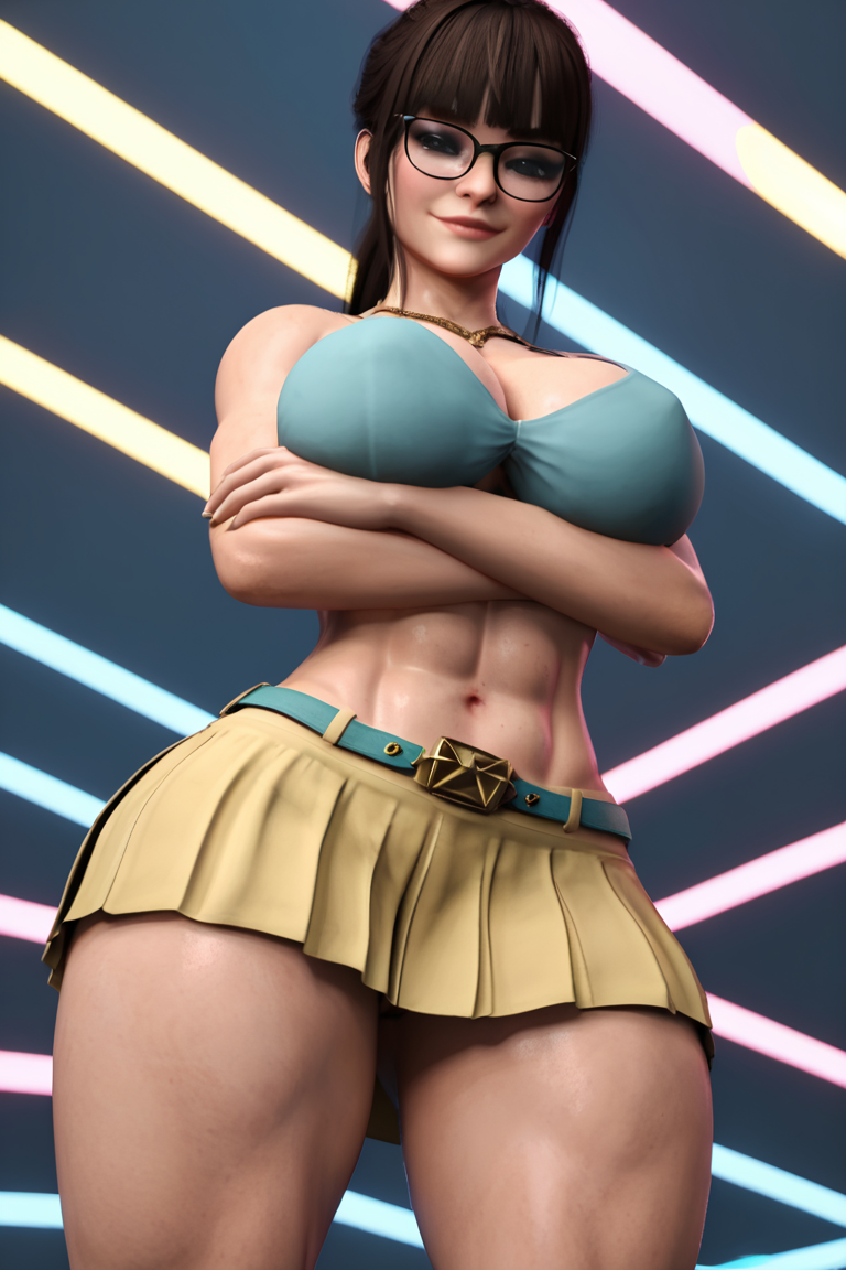 1girls abs ai ai_generated big_ass big_breasts brown_hair cleavage cleavage_cutout criss-cross_halter female glasses halter_top halterneck low-angle_view madz(oc) muscular muscular_female pleated_skirt ponytail preview radnsad short_skirt simple_background skirt sneakers solo solo_female solo_focus thick_ass thick_legs thick_thighs viewed_from_below wallpaper