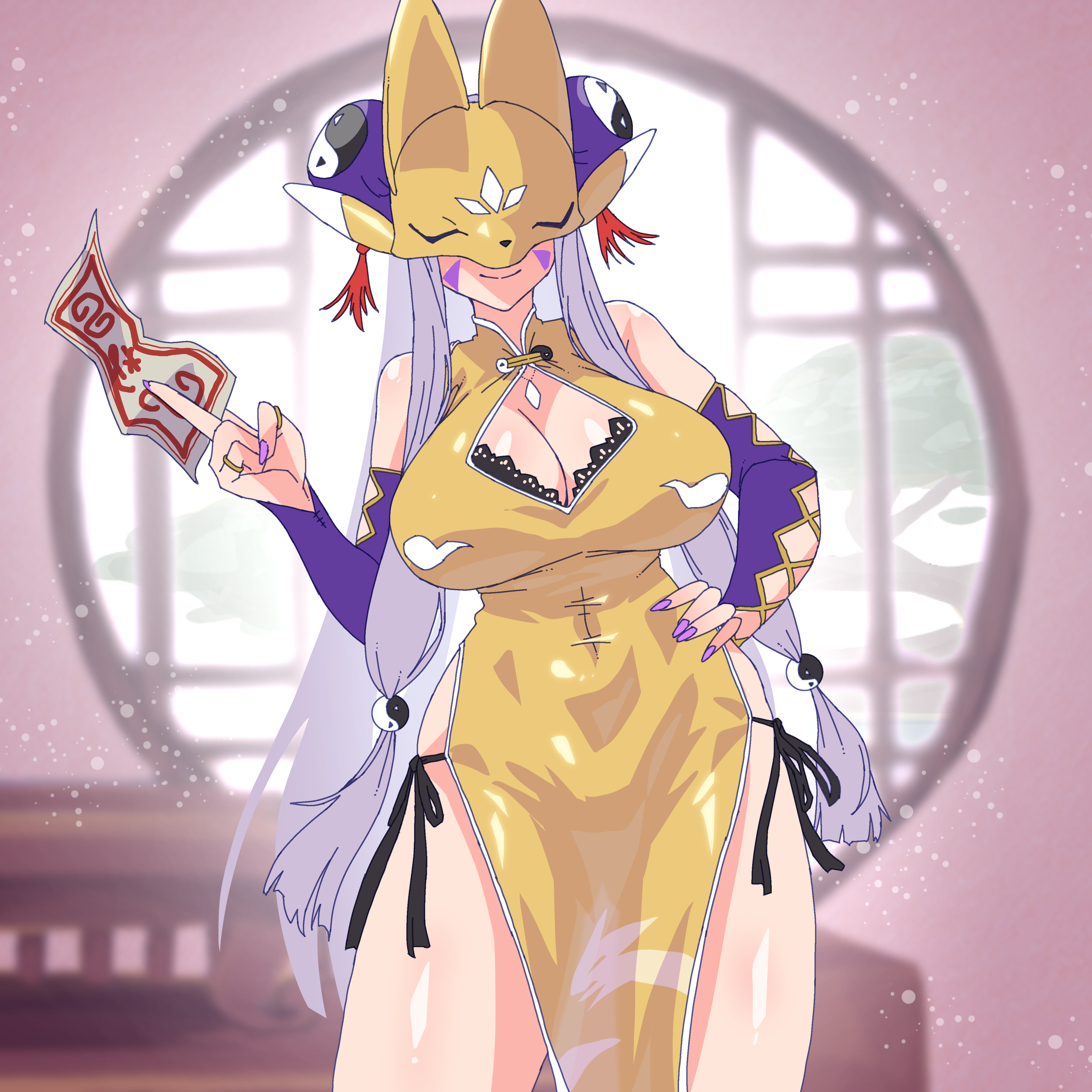 1girls, 2d, blush, breasts, chinese clothes, digimon, dress, female, gerusyu, hair, headgear, helmet, hidden face, large breasts, long hair, looking at viewer, mask, no panties, ofuda, sakuyamon, side-tie dress, solo
