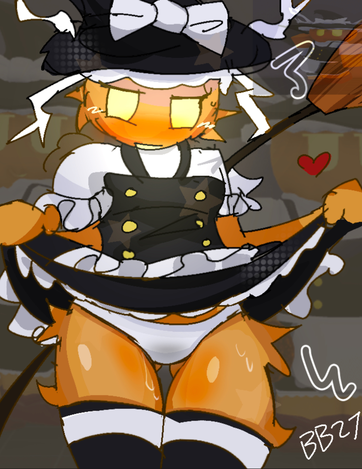 artist signature, biggiebag27, dusekkar (forsaken), female, fluffy, forsaken (roblox), maid, maid uniform, marisa dusekkar, marisa kirisame, marisa kirisame (cosplay), matt dusek, official alternate costume, orange skin, panties, pumpkin head, reference image, roblox, roblox game, robloxian, self upload, tagme, thighhighs, thighs, touhou, wet, young, younger female
