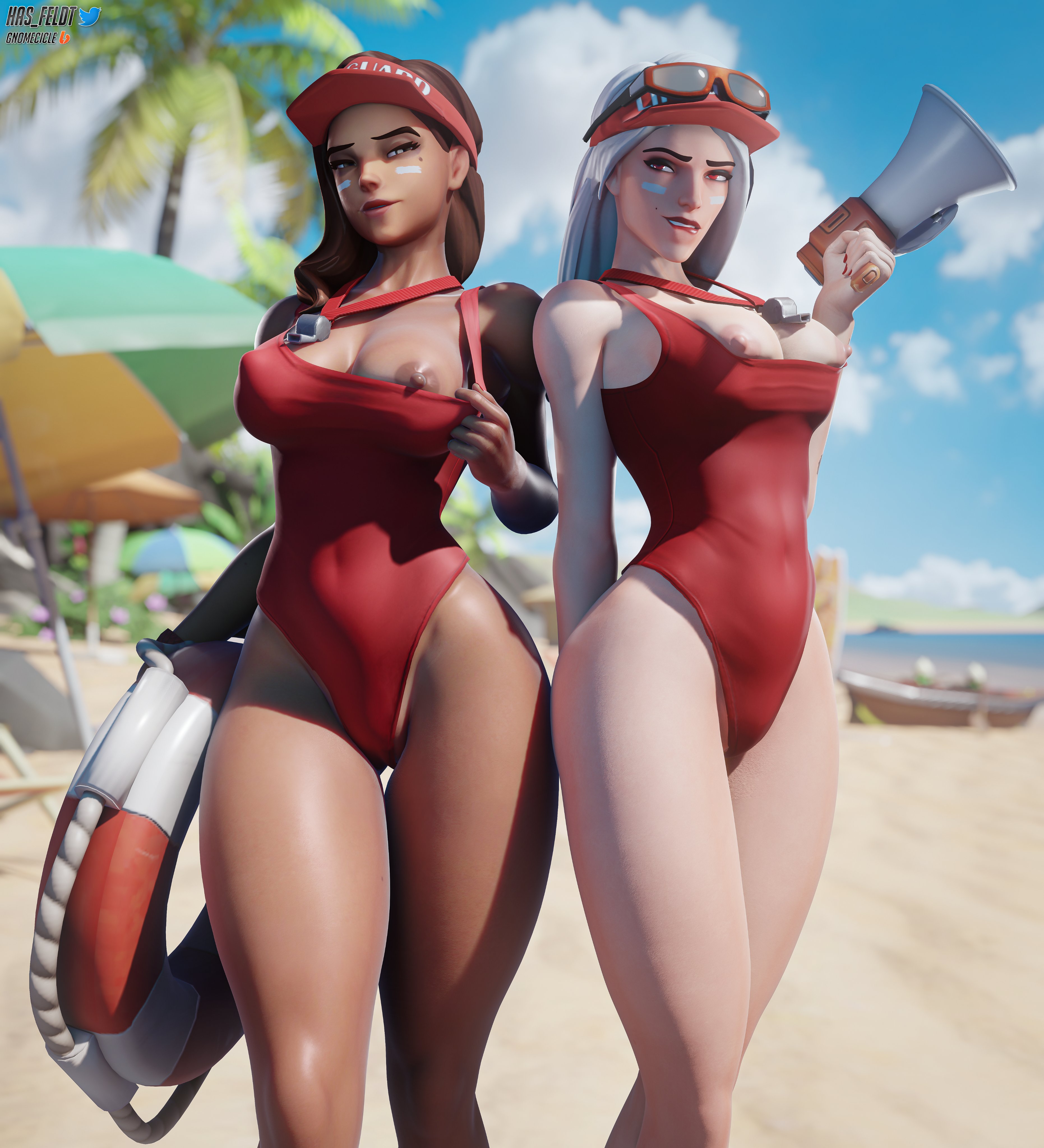 2girls, 3d, ashe (overwatch), beach, breasts, breasts out, dark skin, dark-skinned female, female, female only, hasfeldt, lifeguard, light skin, light-skinned female, nipples, overwatch, showing breasts, sombra, swimsuit, swimwear, tits out