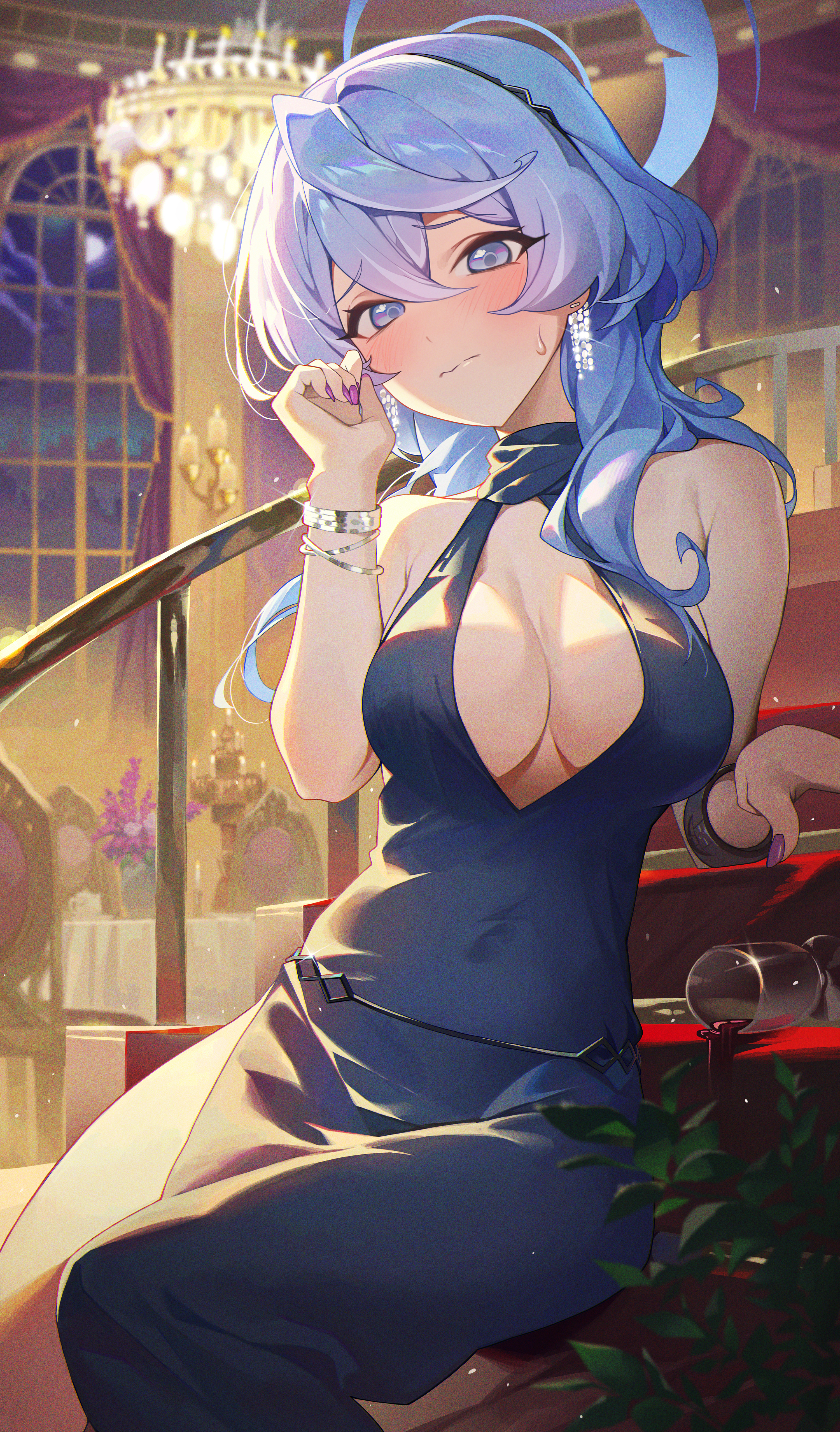 ako (blue archive), ako (dress) (blue archive), big breasts, blue archive, blue dress, blush, breasts, dress, evening gown, female, gehenna academy student, halo, highres, ninebell, prefect team (blue archive), tight clothing, video game character