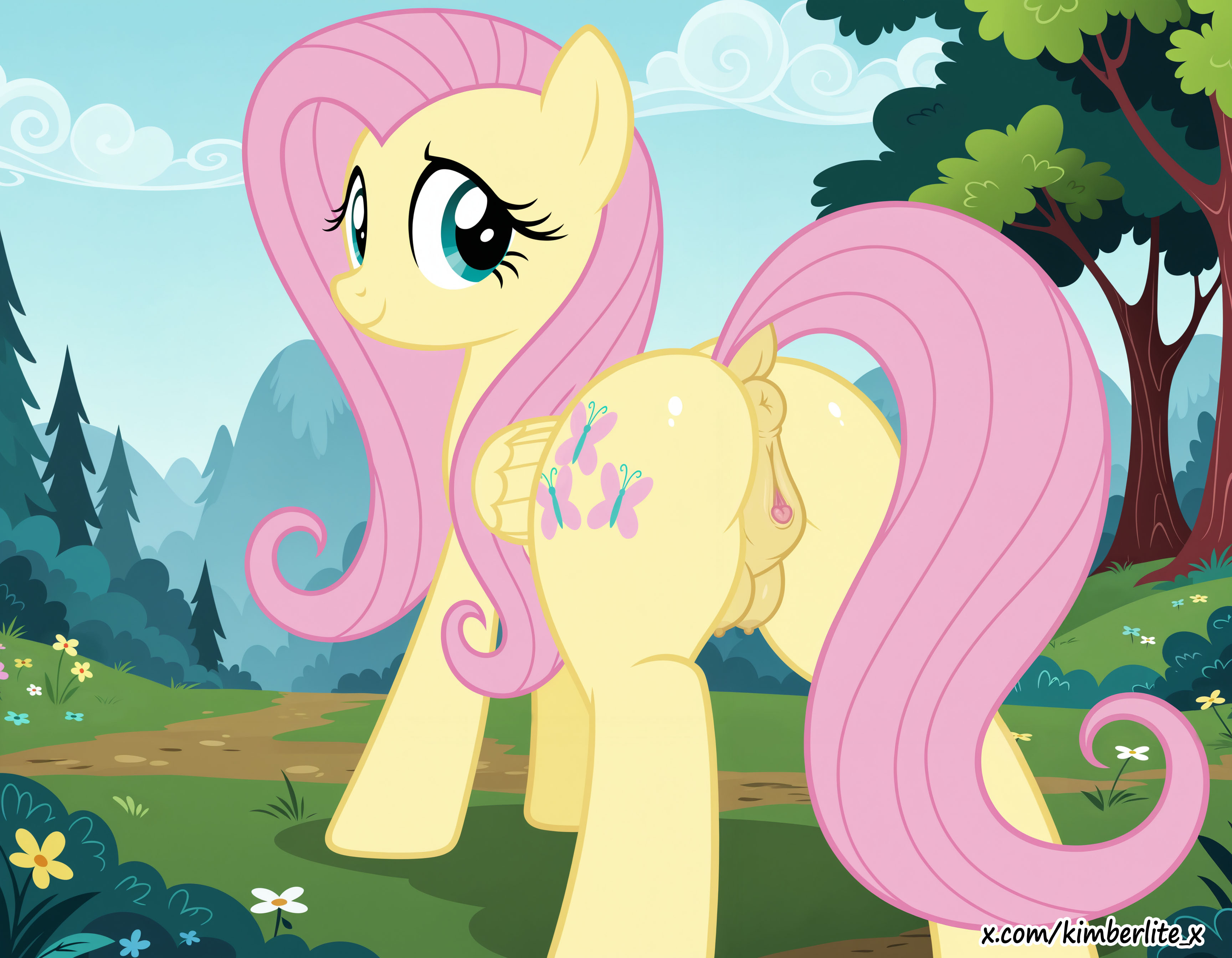 accurate art style, ai generated, ai-assisted, ass, breasts, crotchboobs, equine anus, equine pussy, female, fluttershy (mlp), friendship is magic, highres, kimberlite moonbow, mlp g4, my little pony, naked, naked female, pegasus, pony, presenting, puffy anus, pussy, self-upload, sexy, solo, tail, uncensored, url