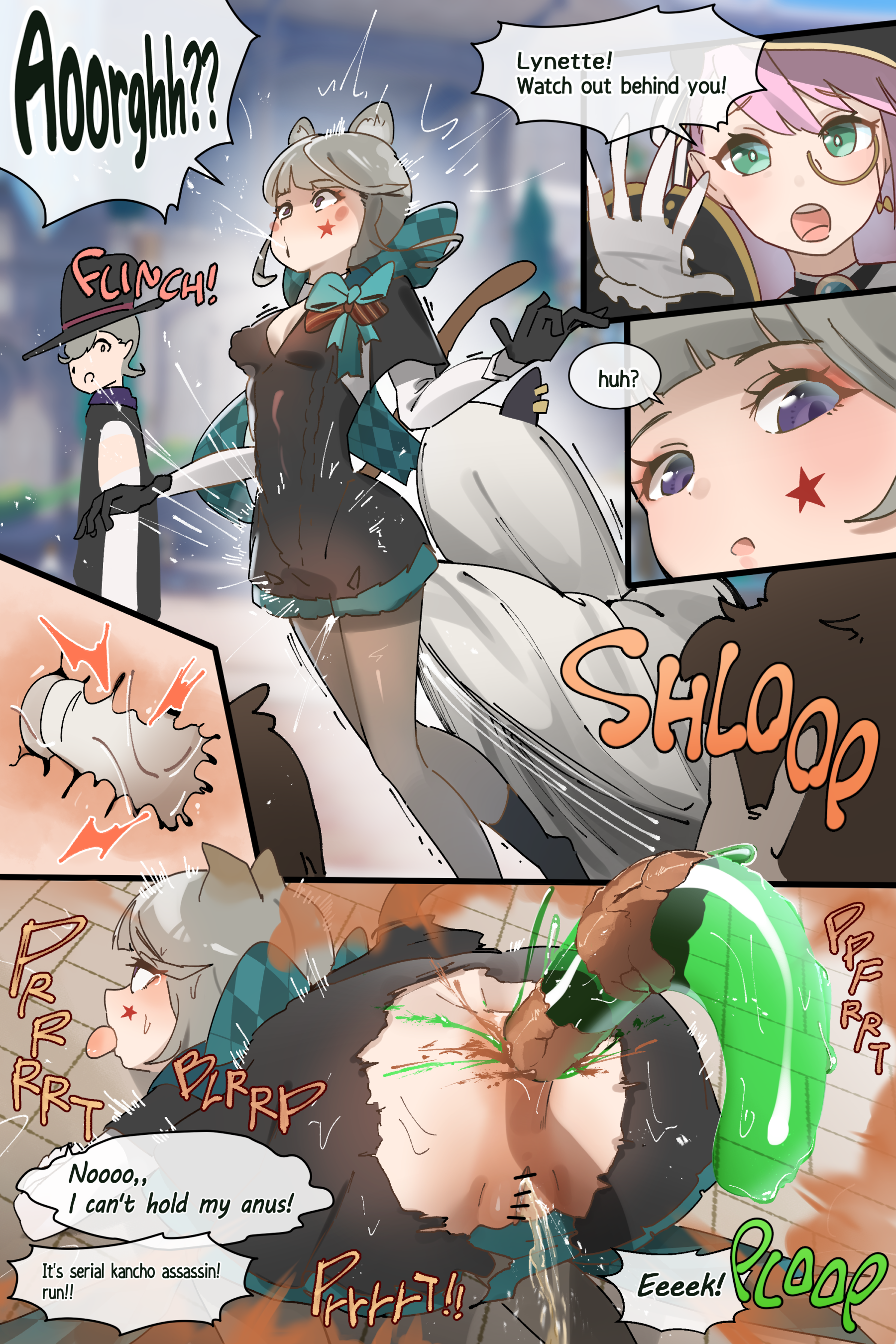 1girls, anus, ass, ass exposed, asshole, big ass, charlotte (genshin impact), fart, fart cloud, fart everywhere, farting, farts, female, female focus, female penetrated, genshin impact, hage123, huge ass, journalist, kancho, legs, legs apart, legs spread, lynette (genshin impact), lyney (genshin impact), newspaper, pants, public, public exposure, red cl, red clothes, red clothing, red hat, ripped clothing, ripped pants, ruined anus, scat, short hair, shorts