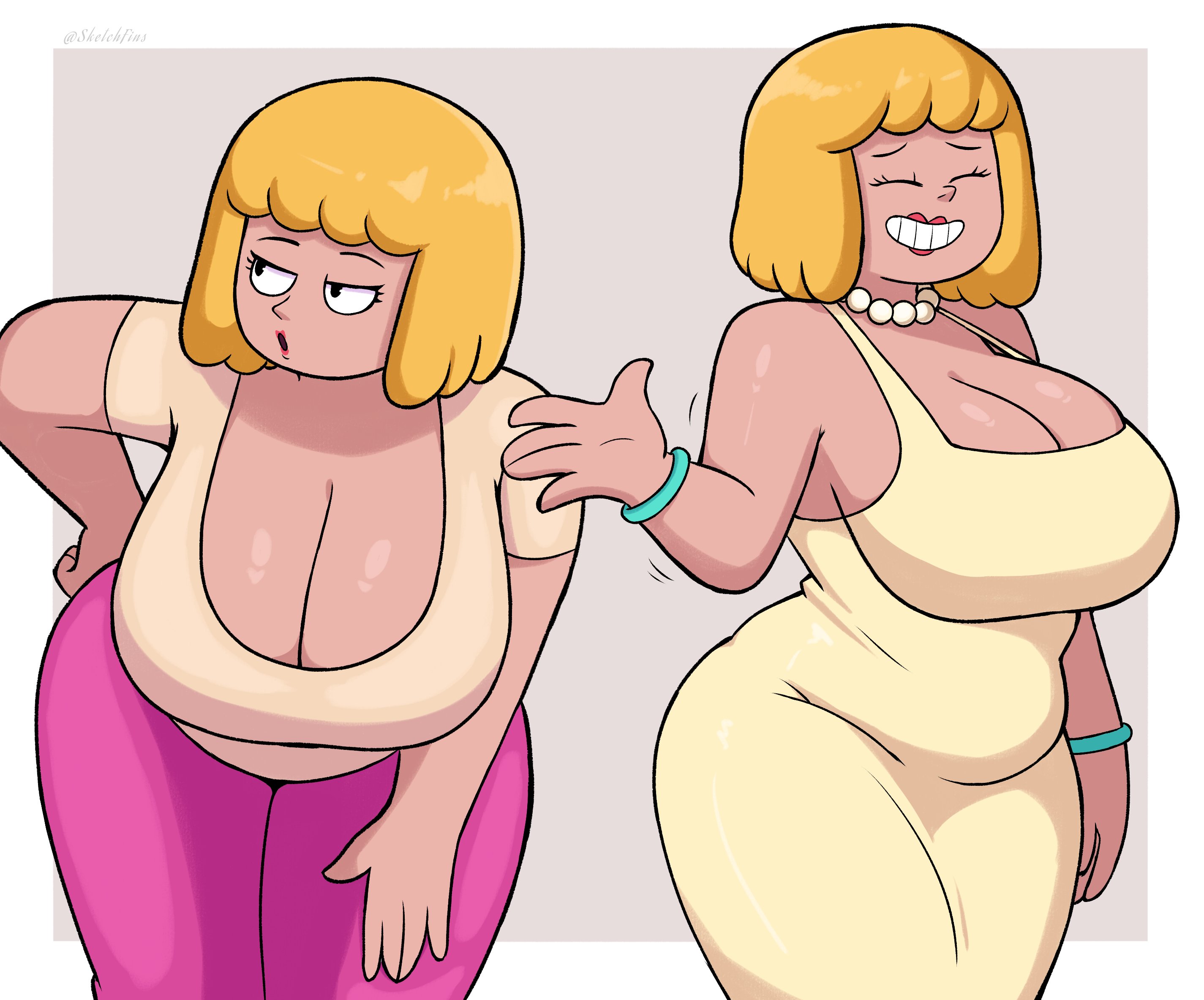 1girl, 1girls, bending over, boob window, chubby belly, chubby female, clarence, curvy, cute, eyes closed, hourglass figure, light skin, light-skinned female, mary wendell, milf, mommy, pearl necklace, simple background, sketchfins, smiling, smiling at viewer, solo, tagme, wrist cuffs