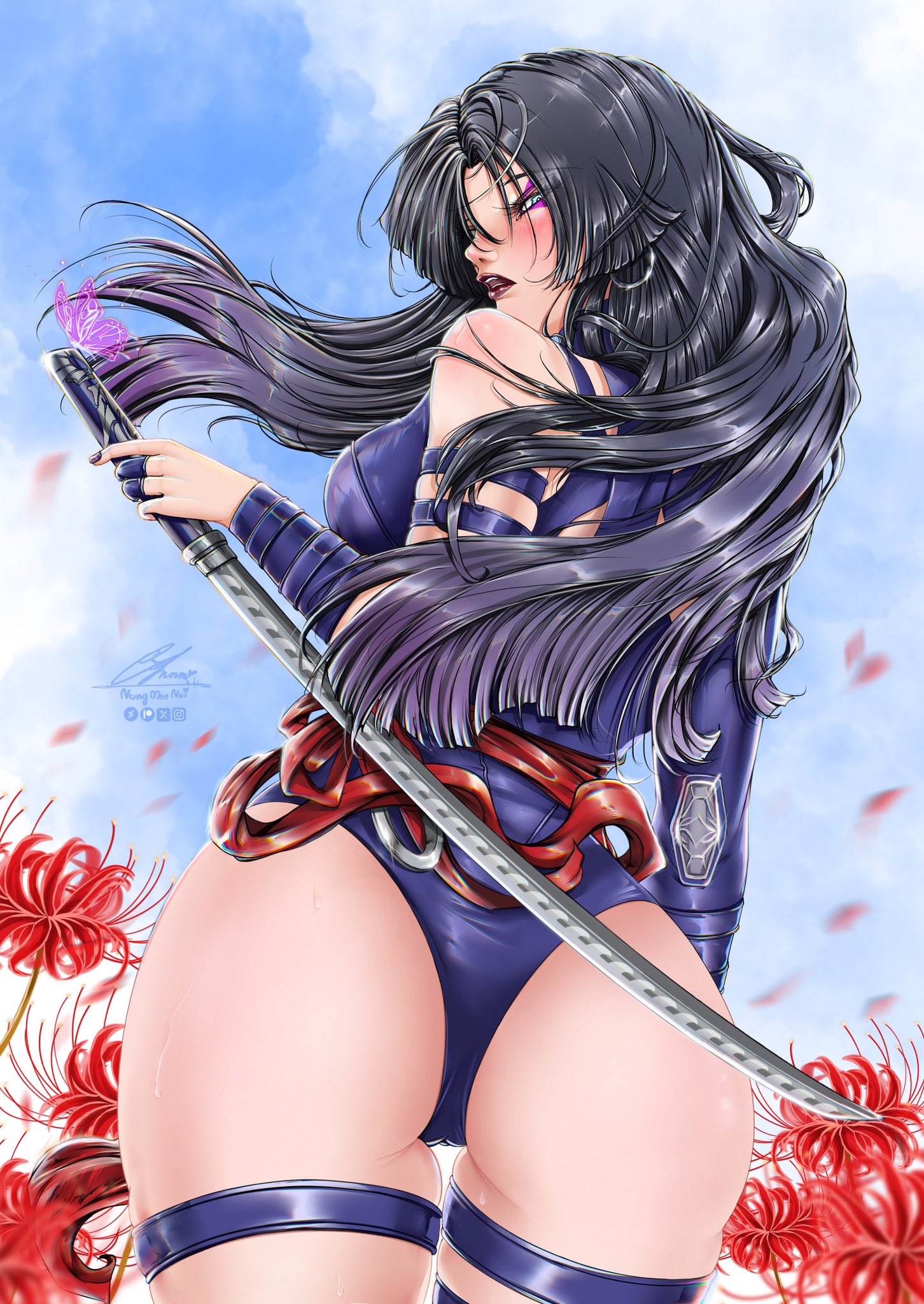 1girls, artist signature, ass, ass focus, big ass, big breasts, black hair, breasts, butterfly, female, female only, katana, light skin, light-skinned female, marvel, marvel comics, marvel rivals, nungmeenui, psylocke, psylocke (sai) (vengeance), solo, sword, thick thighs, thigh strap, thighs, x-men