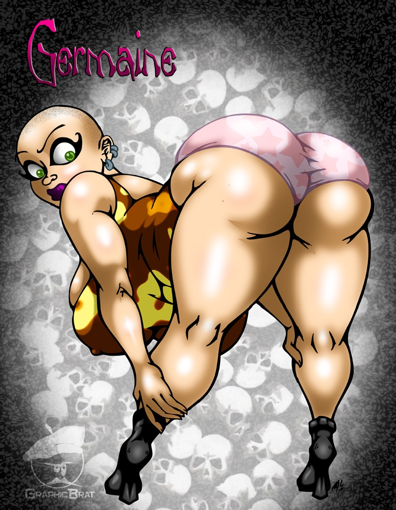 ass bald bent_over earrings eyeliner female germaine_endez gigantic_breasts graficbrat green_eyes neurotically_yours purple_lipstick solo thick_thighs