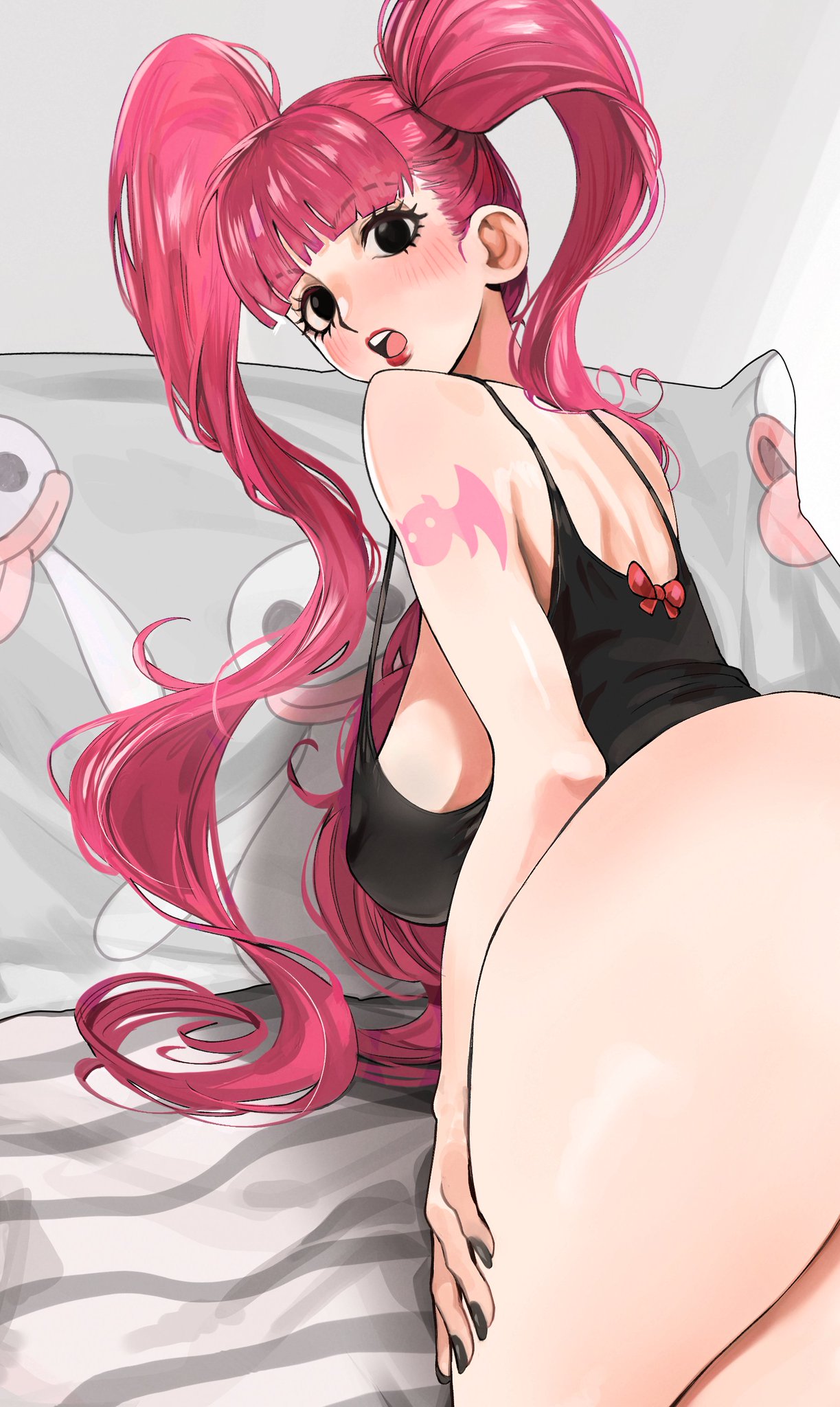 1girls, adult, adult female, arm tattoo, ass, bare arms, bare ass, bare butt, bare hands, bare hips, bare legs, bare shoulders, bare skin, bare thighs, big breasts, black fingernails, black hair, black nail polish, black nails, black-haired female, blush, blush face, blushing at viewer, blushing female, blushing lines, breasts, busty, busty female, clothing, curvaceous, curvaceous body, curvaceous female, curvaceous figure, curvaceous hips, curvy, curvy body, curvy female, curvy figure, curvy hips, elbows, exposed arms, exposed ass, exposed butt, exposed hips, exposed legs, exposed shoulders, exposed skin, exposed thighs, female, female focus, female only, fingernails, fingers, grey background, groin, hand on leg, hand on own leg, hand on own thigh, hand on thigh, high resolution, highres, jerrydurd, large breasts, lean figure, lips, long hair, looking at viewer, looking back, looking back at viewer, mature, mature female, nail polish, nails, narrow waist, one piece, open mouth, parted lips, perona, pink eyebrows, pink hair, pink-haired female, plump breasts, shoulders, sideboob, simple background, sitting, slender body, slender waist, slim waist, solo, thick thighs, thighs, tongue, twintails, twintails (hairstyle), upper body, upper teeth, white background, wide hips