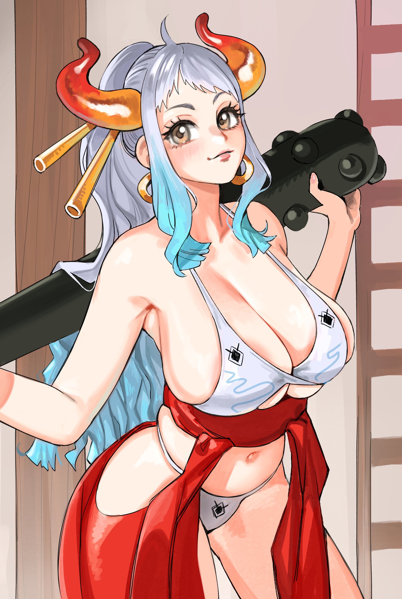 1girls, adult, adult female, ahoge, antenna hair, areola slip, areolae, areolae slip, armpits, belly, belly button, big breasts, blue hair, blue-haired female, bra, breasts, brown eyes, brown-eyed female, busty, busty female, cleavage, closed mouth smile, clothing, club (weapon), collarbone, curvaceous, curvaceous body, curvaceous female, curvaceous figure, curvaceous hips, curvy, curvy body, curvy female, curvy figure, curvy hips, earrings, elbows, female, female focus, female only, fingers, groin, half naked, half nude, high resolution, highres, horn, horns, hourglass figure, huge breasts, indoor, indoor nudity, indoors, jerrydurd, large breasts, lean figure, lips, long hair, looking at viewer, mature, mature female, multicolored hair, naked, naked female, naked woman, narrow waist, navel, nude, nude female, nudity, one piece, panties, plump breasts, red horn, red horns, semi nude, shoulders, sidelocks, simple background, slender body, slender waist, slim waist, smile, smiley face, smiling, smiling at viewer, smirk, solo, standing, thick thighs, thighs, thong, underwear, upper body, weapon, white eyebrows, white hair, white-haired female, wide hips, yamato (one piece)